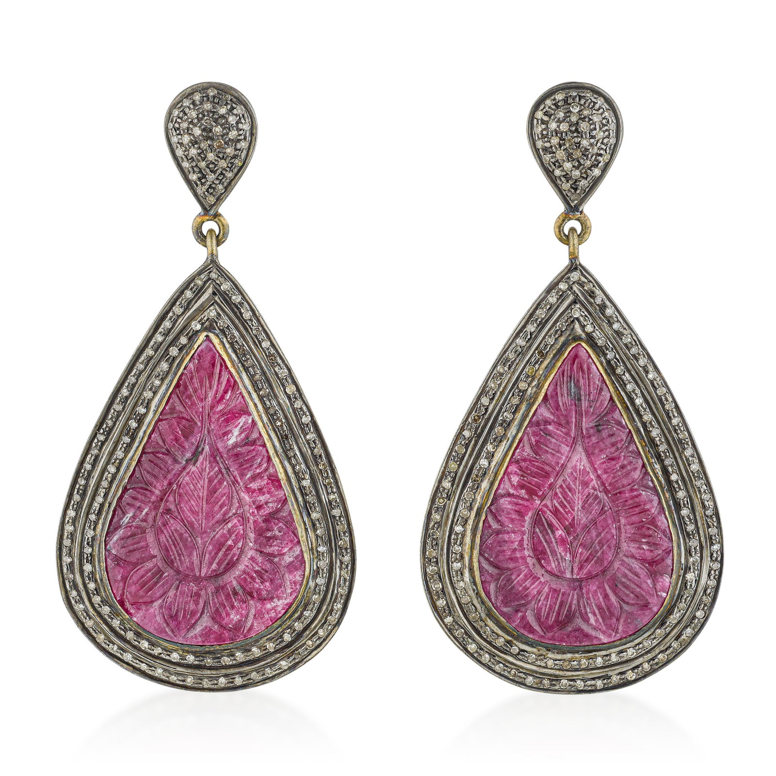 Diamond and Ruby Drop Earrings: ESTIMATED RETAIL PRICE: 2,500* *This is the estimated value a piece of similar quality, craftsmanship, and characteristics could command at retail. The large teardrop form with pave diamond clusters
