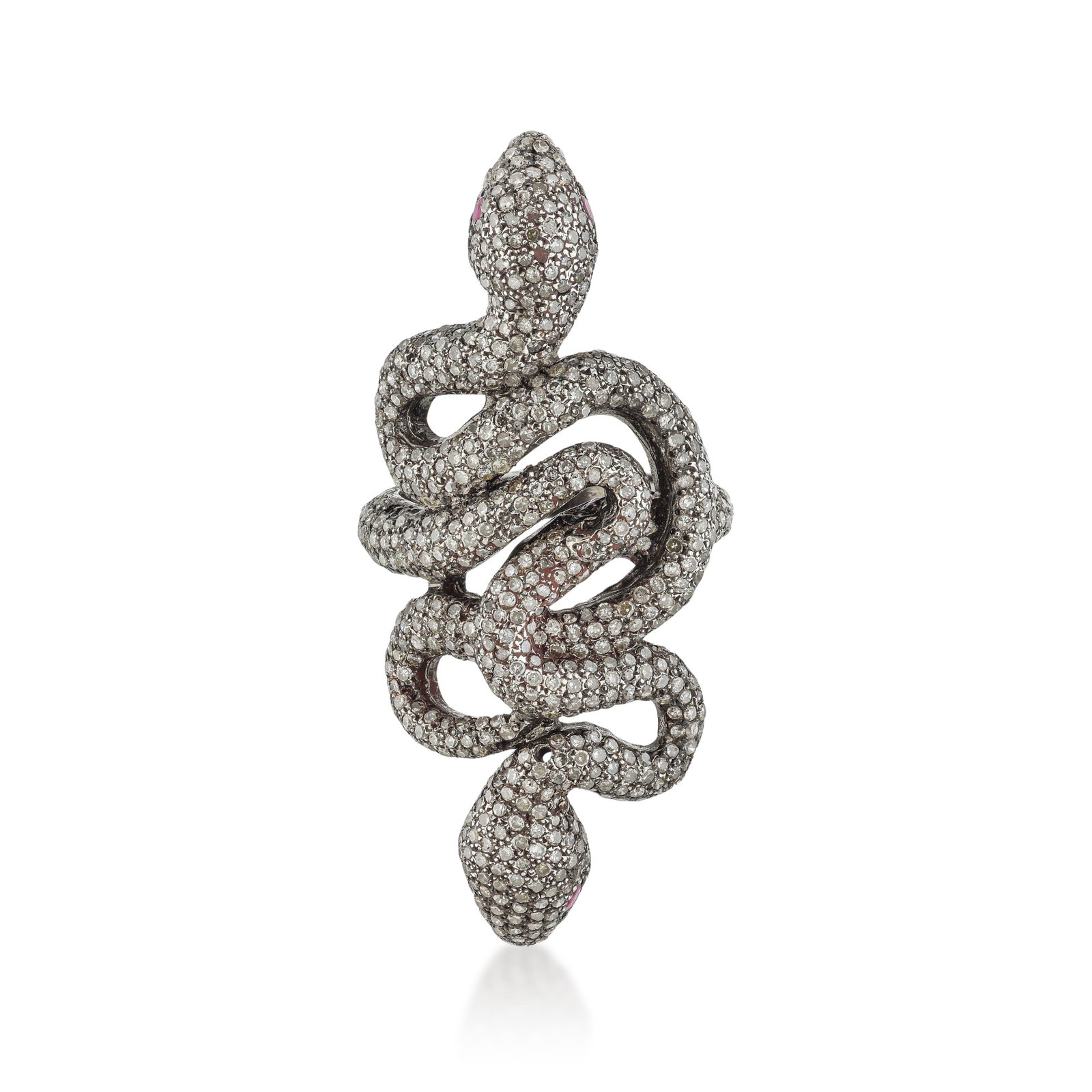 Diamond and Ruby Twin Serpent Ring: ESTIMATED RETAIL PRICE: 1,800* *This is the estimated value a piece of similar quality, craftsmanship, and characteristics could command at retail. The twin serpent has appeared as a jewelry motif