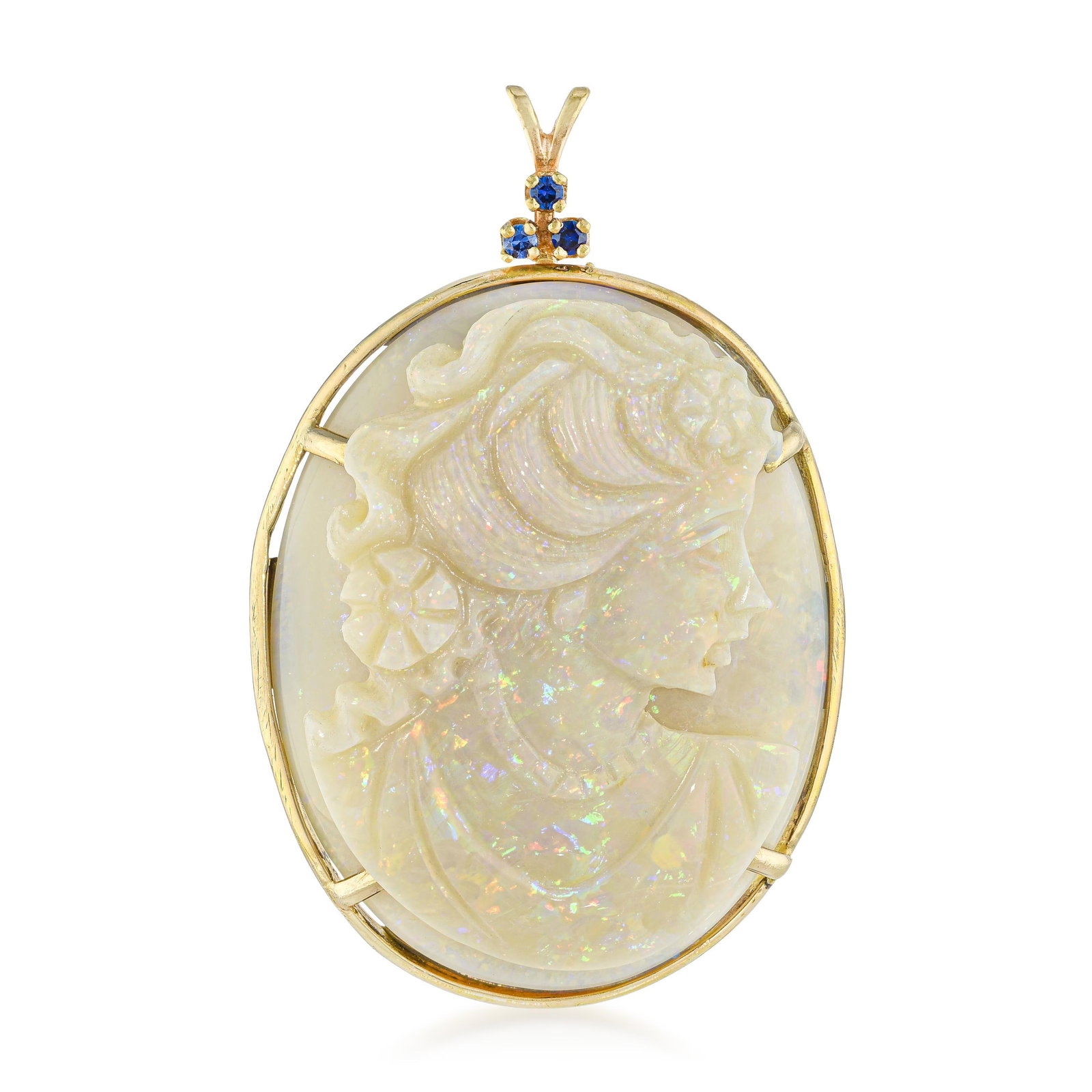 Vintage Opal Carved Cameo Pendant: ESTIMATED RETAIL PRICE: $1,200* *This is the estimated value a piece of similar quality, craftsmanship, and characteristics could command at retail. Carved cameo work on opal — rather than the