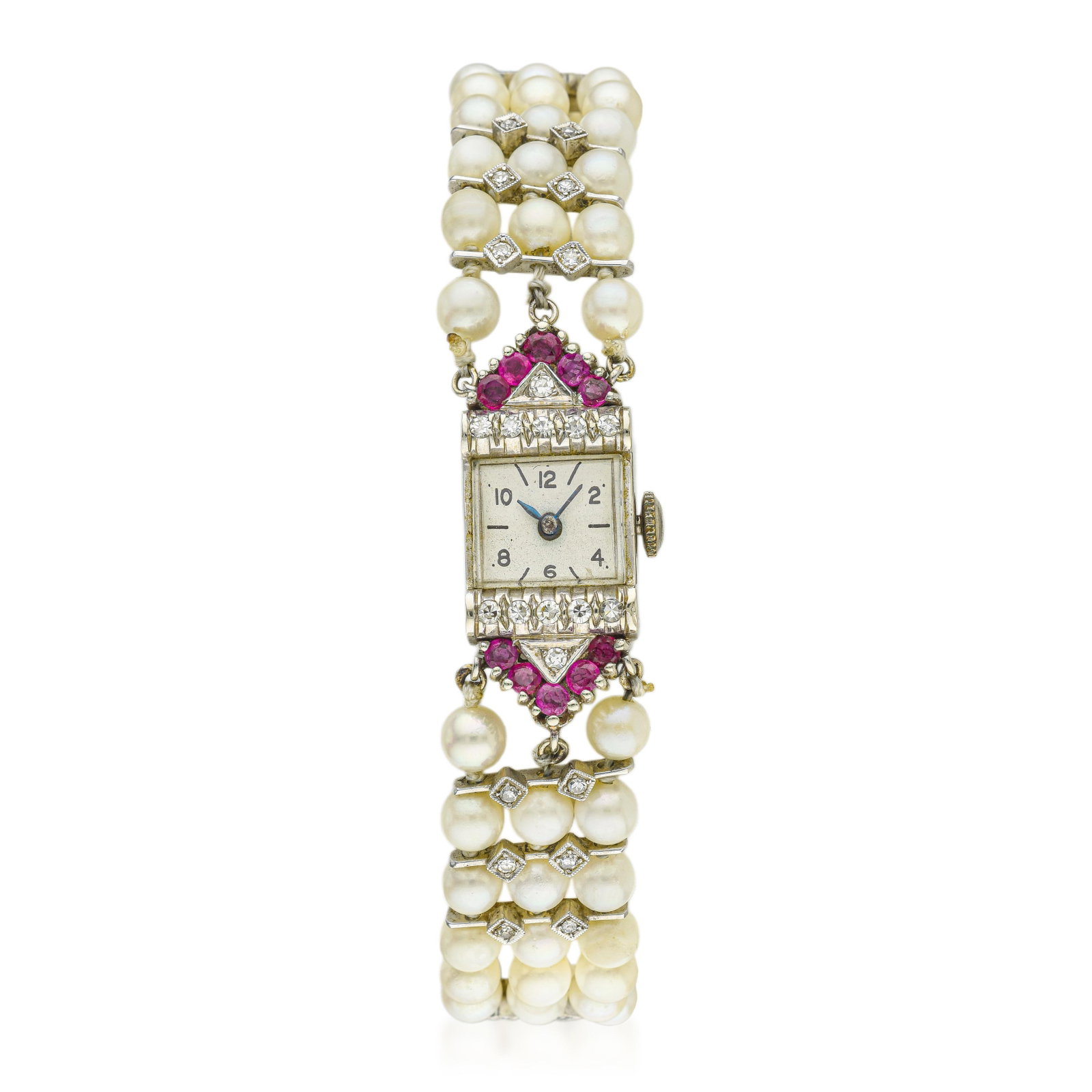 Vintage Pearl Diamond and Ruby Watch: ESTIMATED RETAIL PRICE: $1,300* *This is the estimated value a piece of similar quality, craftsmanship, and characteristics could command at retail. Diamond-and-ruby-set ladies' watches from the