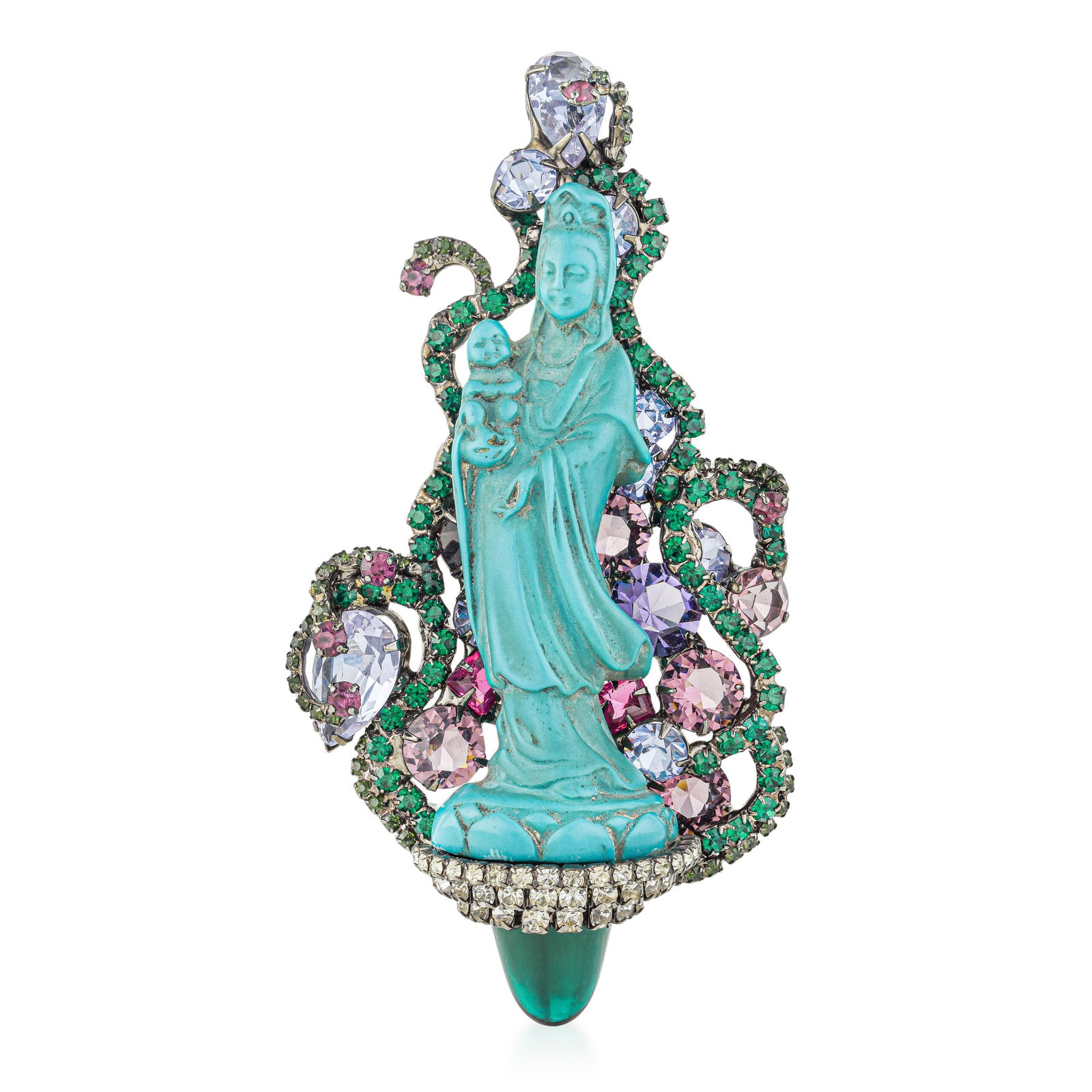 Vintage Guanyin Carved Brooch by Robert Sorrell: ESTIMATED RETAIL PRICE: $1,700* *This is the estimated value a piece of similar quality, craftsmanship, and characteristics could command at retail. Robert Sorrell built his reputation on costume