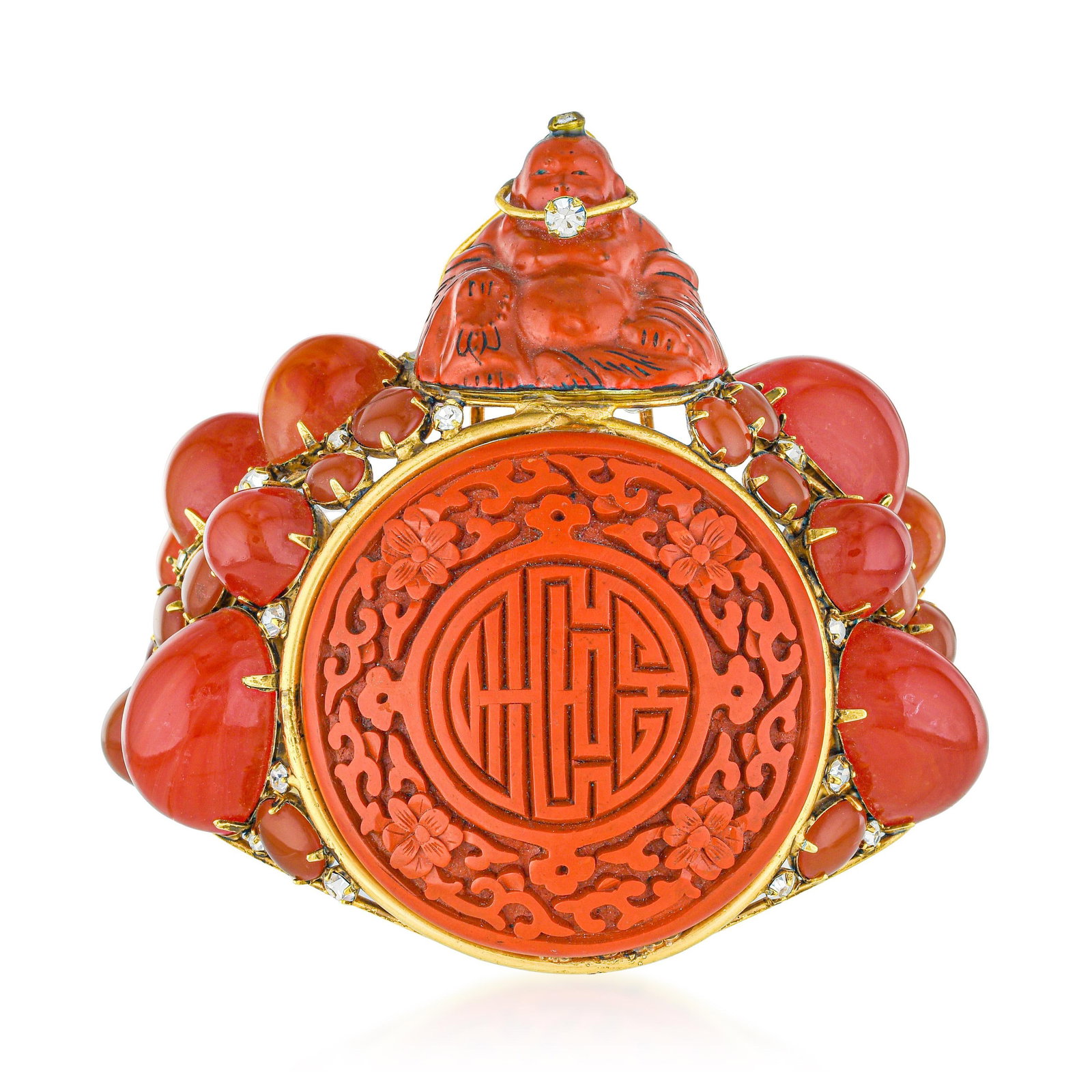 Vintage Chinese-Style Carved Bracelet: This striking statement bracelet is a vibrant celebration of Chinese auspicious symbolism. At its heart lies a large, circular medallion featuring a stylized Shou character—a traditional emblem