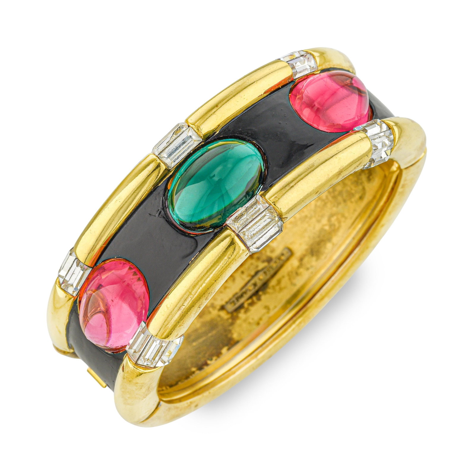 Angela Kramer Vintage Modernist Hinged Bangle with Gripoix-Style Glass Cabochons and Baguette Accent: ESTIMATED RETAIL PRICE: $2,200* *This is the estimated value a piece of similar quality, craftsmanship, and characteristics could command at retail. Angela Kramer's modernist bangles deploy oversize