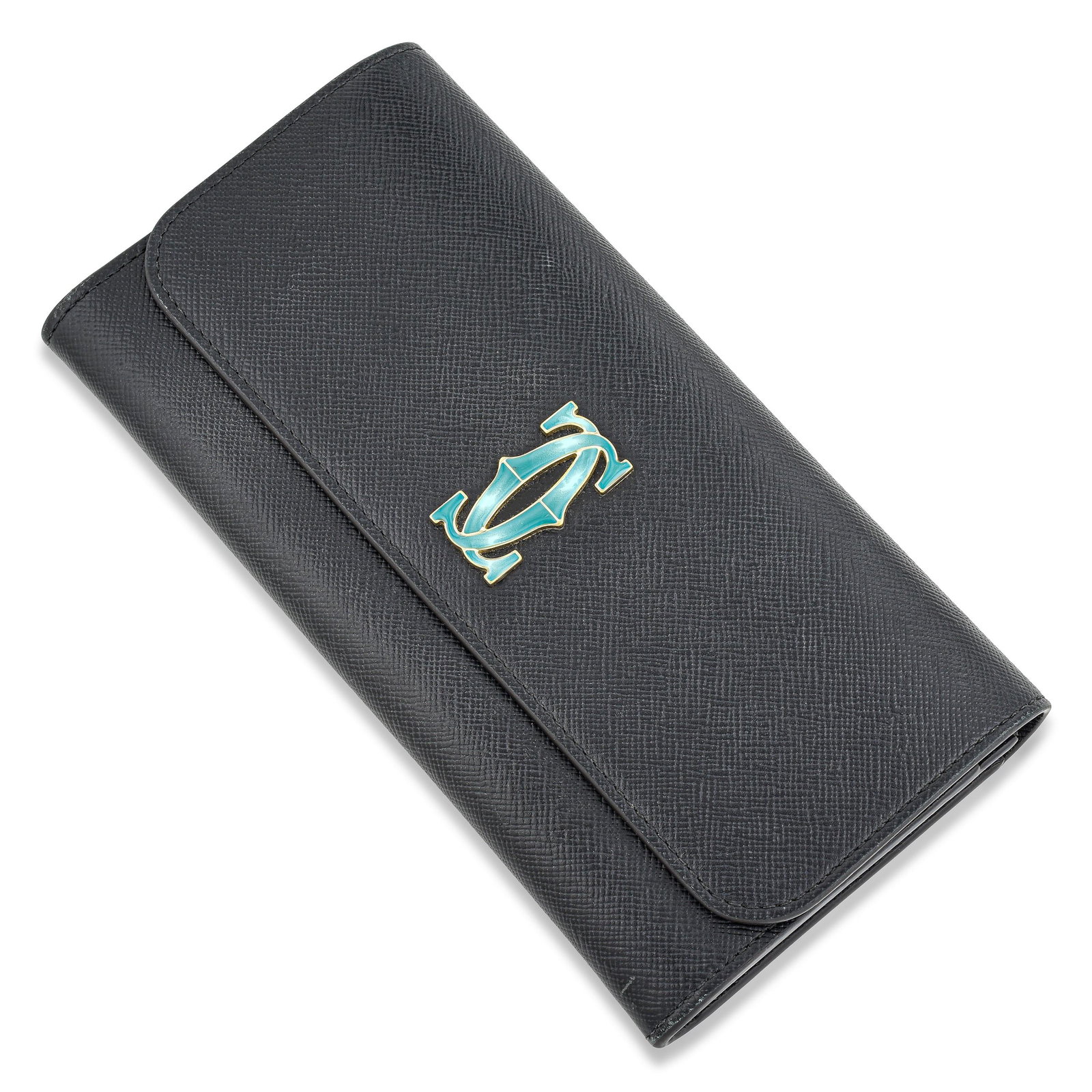 Cartier C de Cartier Wallet: This elegant C de Cartier International Wallet with Flap is a refined everyday essential, crafted in black textured calfskin leather and accented with the timeless golden-finish "Cartier" signature.