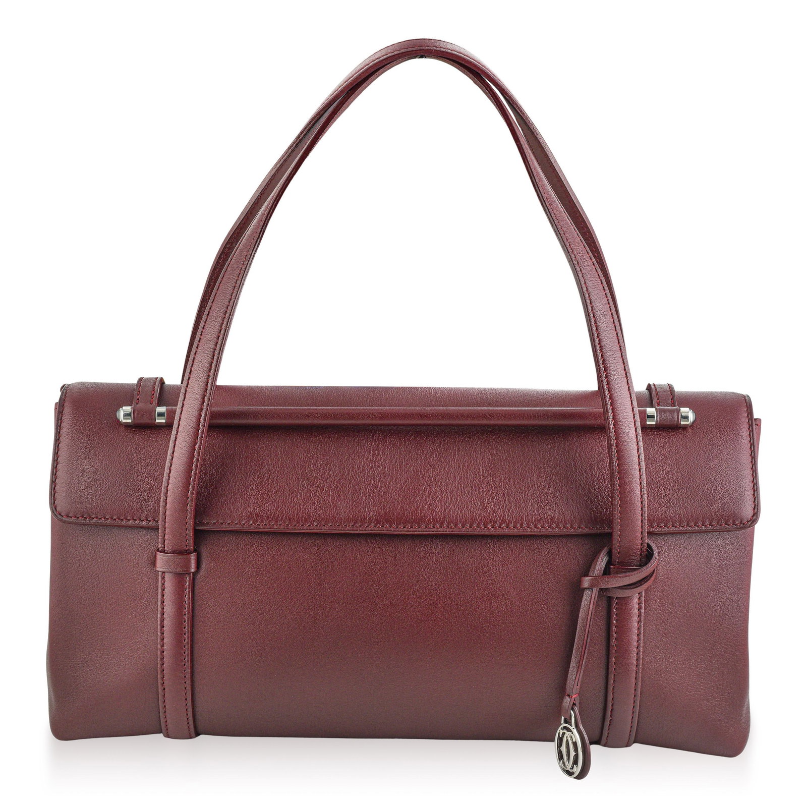 Cartier Cabochon Leather Handbag: This elegant Cartier Cabochon Handbag is crafted from smooth Bordeaux leather and accented with refined gold-tone hardware, including cabochon-inspired details that echo Cartier's iconic jewelry