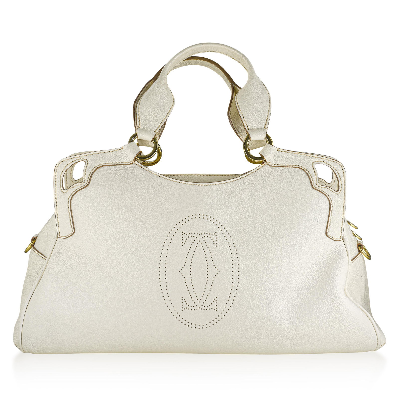 Cartier Marcello Handbag: This Cartier Marcello Handbag is crafted from smooth white leather and accented with elegant gold-tone hardware, showcasing the refined silhouette that defines the Marcello line. Designed with dual
