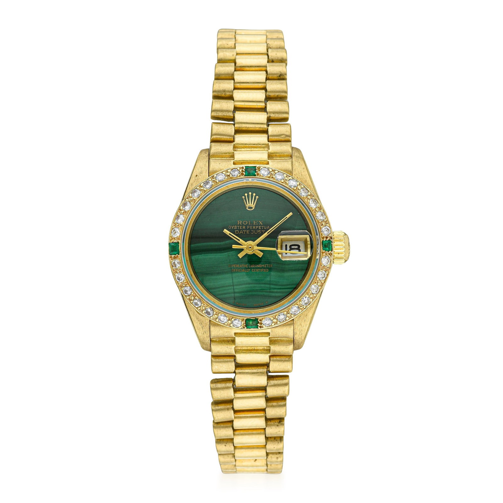 Rolex Datejust Ladies' in 18K Gold with Malachite Dial: ESTIMATED RETAIL PRICE: $15000* *This is the estimated value a piece of similar quality, craftsmanship, and characteristics could command at retail. Summary of Key Characteristics CIRCA: 1978 CASE MAT