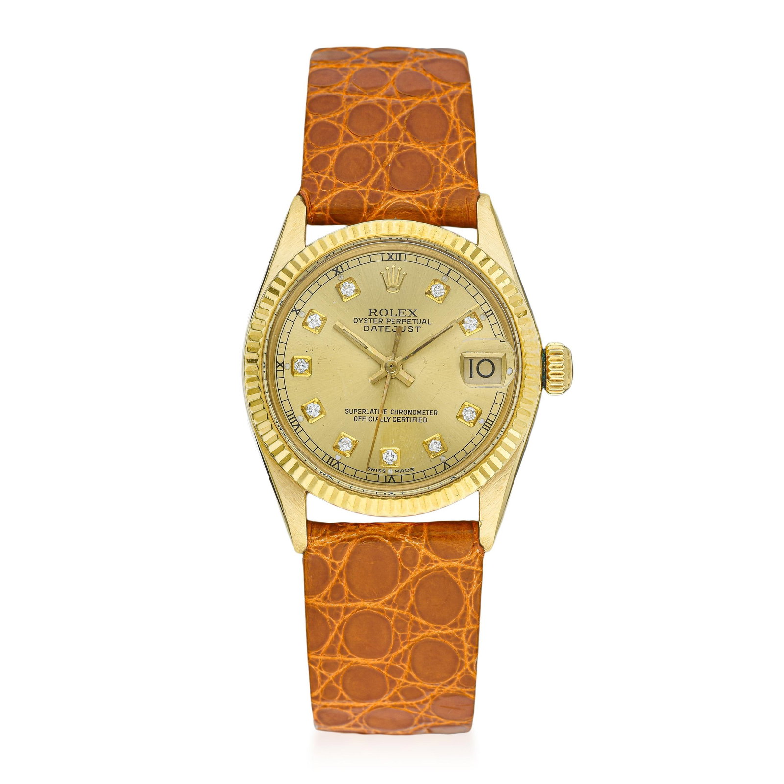 Rolex Oyster Perpetual Date Midsize in 18K Gold: ESTIMATED RETAIL PRICE: $9,500* *This is the estimated value a piece of similar quality, craftsmanship, and characteristics could command at retail. Reference 6827 in yellow gold with diamond-set hour