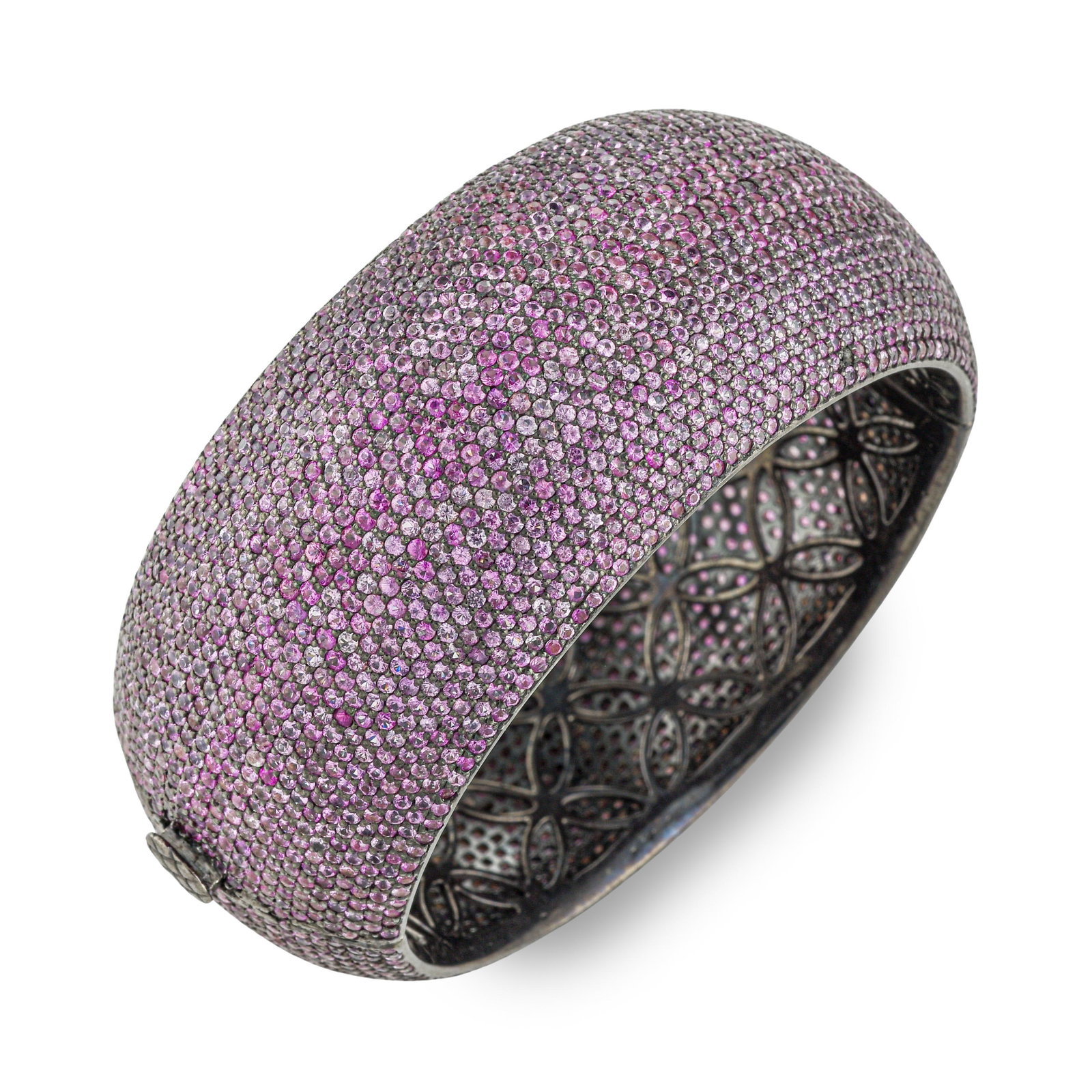 Pink Sapphire Bangle Bracelet - No Reserve Lot: ESTIMATED RETAIL PRICE: $8,750* *This is the estimated value a piece of similar quality, craftsmanship, and characteristics could command at retail. Pink sapphires at 46.15 carats total across a silve