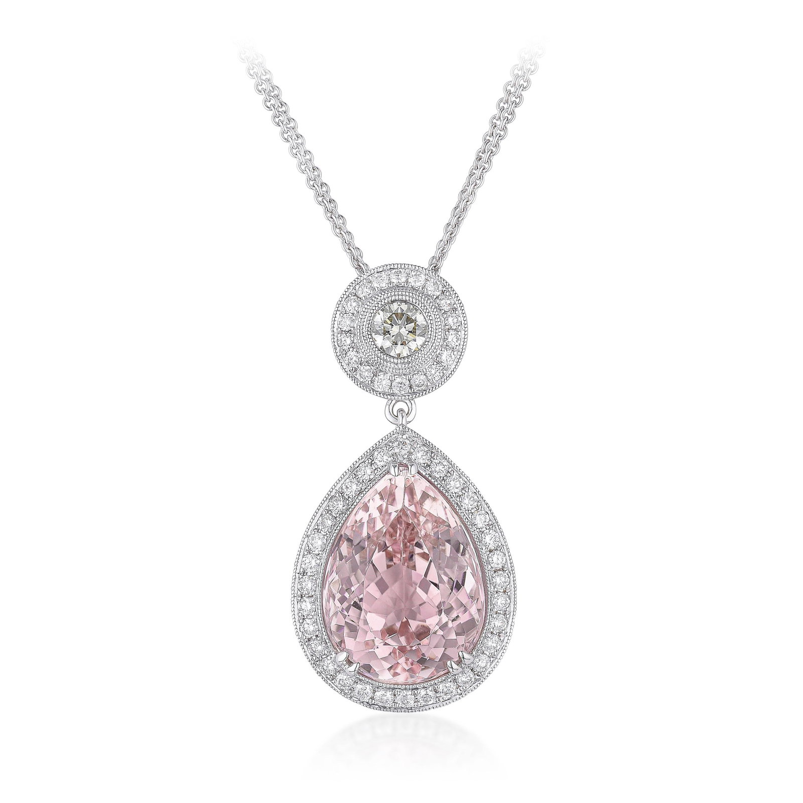 Kunzite and Diamond Pendant Necklace: ESTIMATED RETAIL PRICE: $6,000* *This is the estimated value a piece of similar quality, craftsmanship, and characteristics could command at retail. Pairing a 9.85-carat kunzite center with a 0.35-car