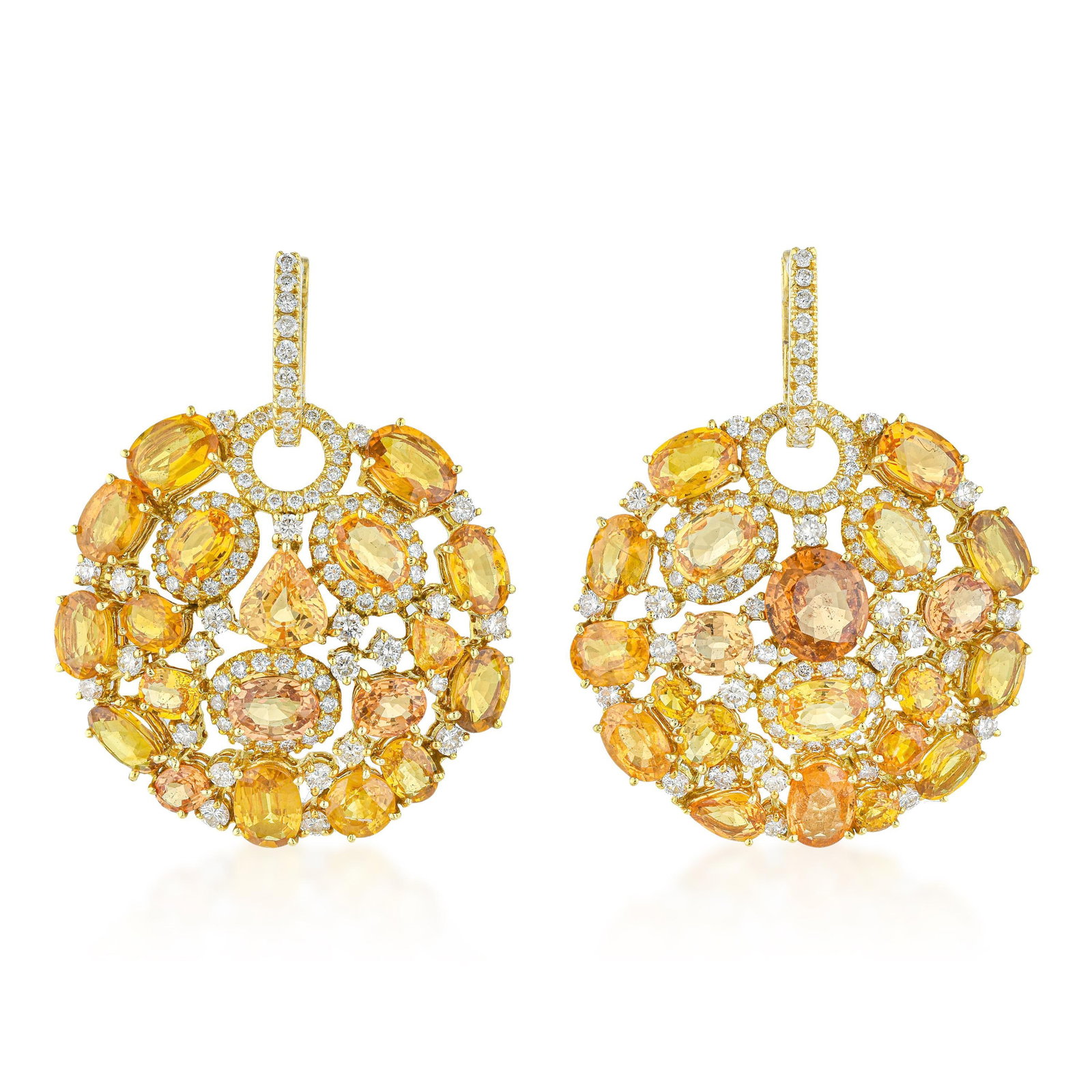 Yellow Sapphire and Diamond Earrings: ESTIMATED RETAIL PRICE: $28,000 * *This is the estimated value a piece of similar quality, craftsmanship, and characteristics could command at retail. Yellow sapphire at 39.80 carats across a pair of 