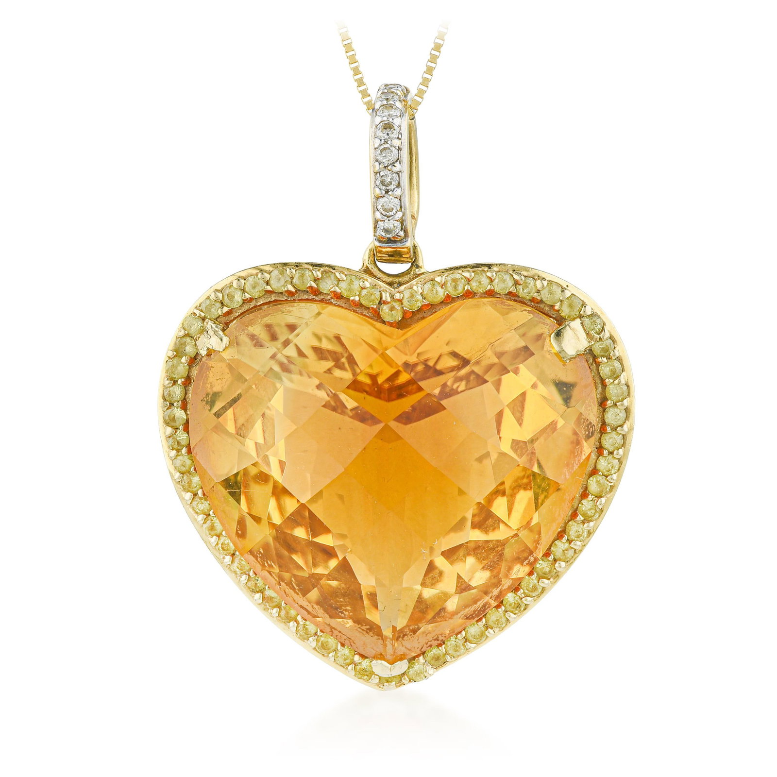 Heart Citrine and Diamond Pendant Necklace: ESTIMATED RETAIL PRICE: $5,000* *This is the estimated value a piece of similar quality, craftsmanship, and characteristics could command at retail. Citrine at 28 carats in a heart cut commits fully t