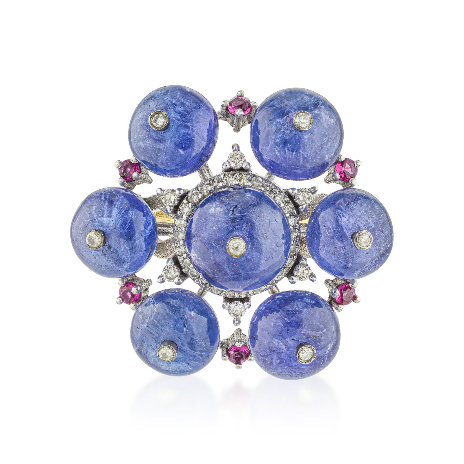 Tanzanite Ruby and Diamond Flower Ring: ESTIMATED RETAIL PRICE: $3,500 * *This is the estimated value a piece of similar quality, craftsmanship, and characteristics could command at retail. A 23.93-carat tanzanite in a flower ring setting i