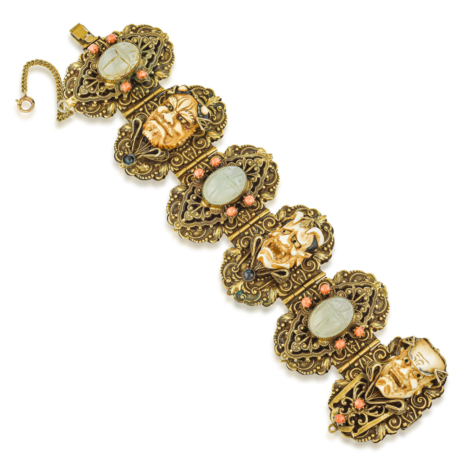 Attributed J. Braunstein Gilt Filigree Bracelet with Hand-Carved Noh Masks and Scarabs (1 of 1)