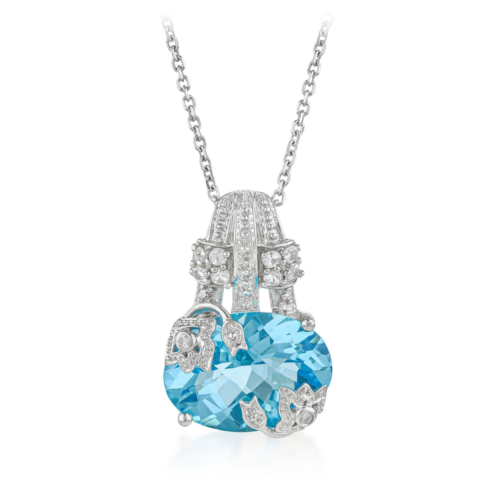 Blue Topaz Pendant Necklace: ESTIMATED RETAIL PRICE: $2,300* *This is the estimated value a piece of similar quality, craftsmanship, and characteristics could command at retail. The pale blue topaz reads as a cool complement to s