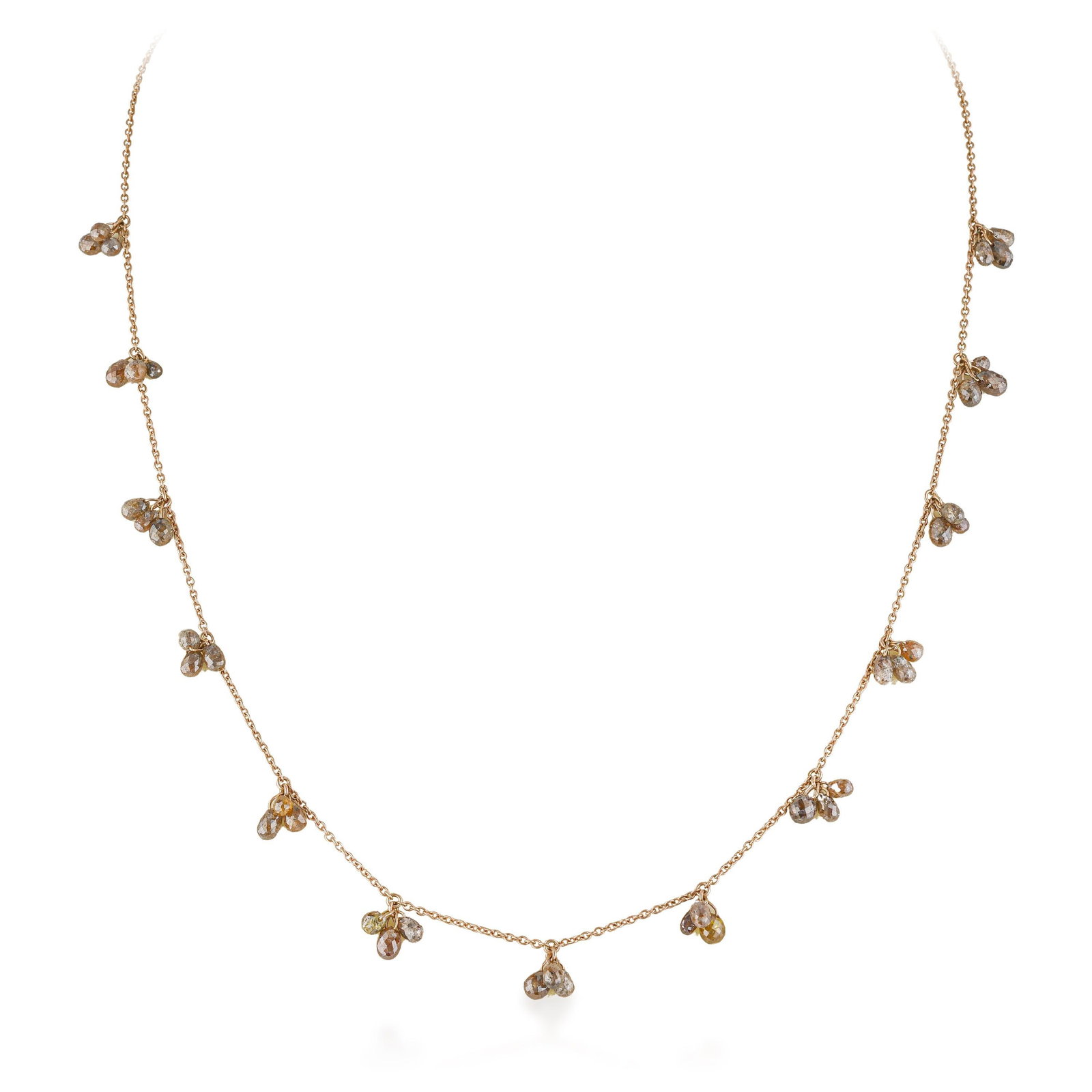 Red Diamond Drop Necklace: ESTIMATED RETAIL PRICE: $3,500* *This is the estimated value a piece of similar quality, craftsmanship, and characteristics could command at retail. Red briolette drops at 11.13 carats create a garlan