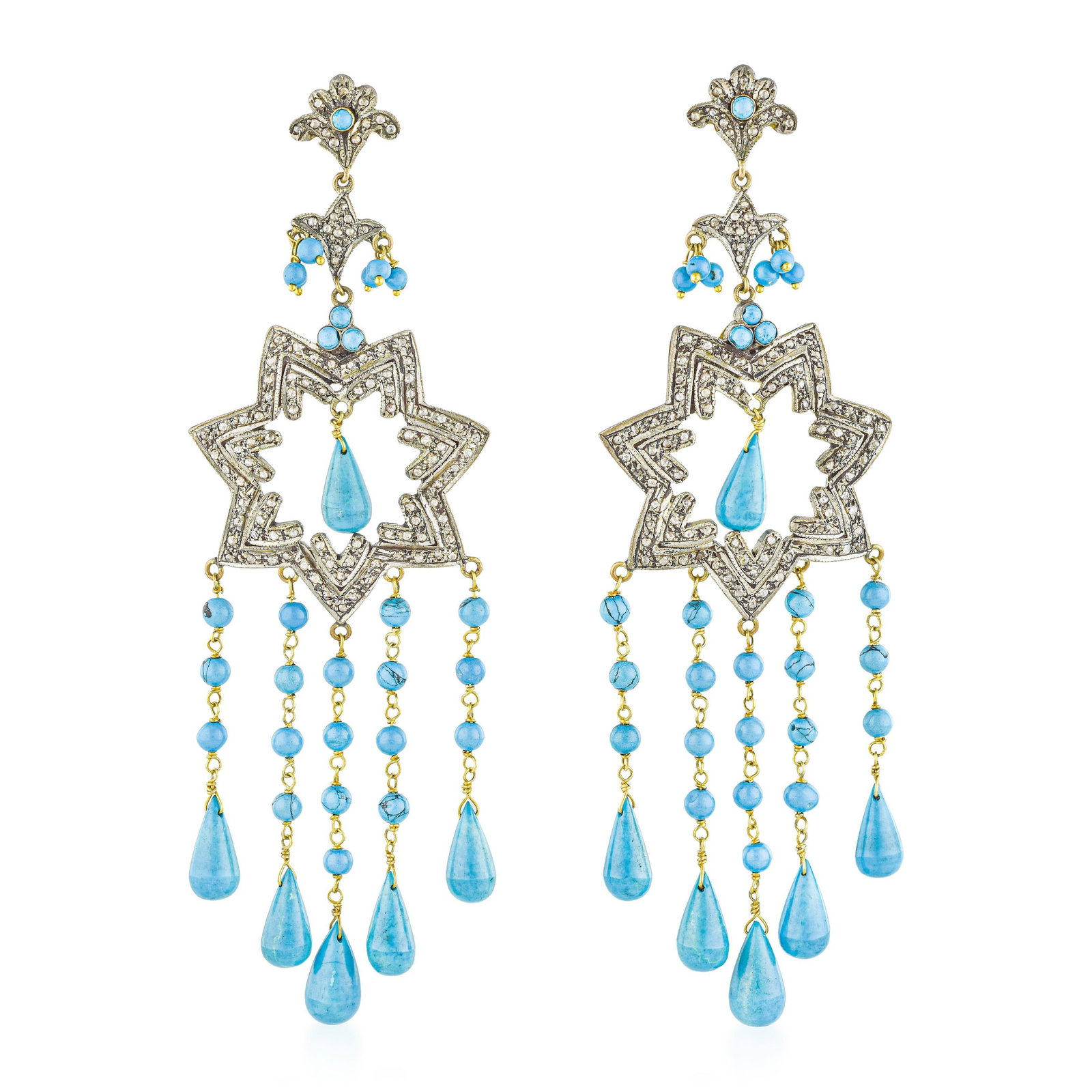Turquoise and Diamond Chandelier Earrings - No Reserve Lot: ESTIMATED RETAIL PRICE: $350 * *This is the estimated value a piece of similar quality, craftsmanship, and characteristics could command at retail. Turquoise and diamonds in chandelier earrings is a d