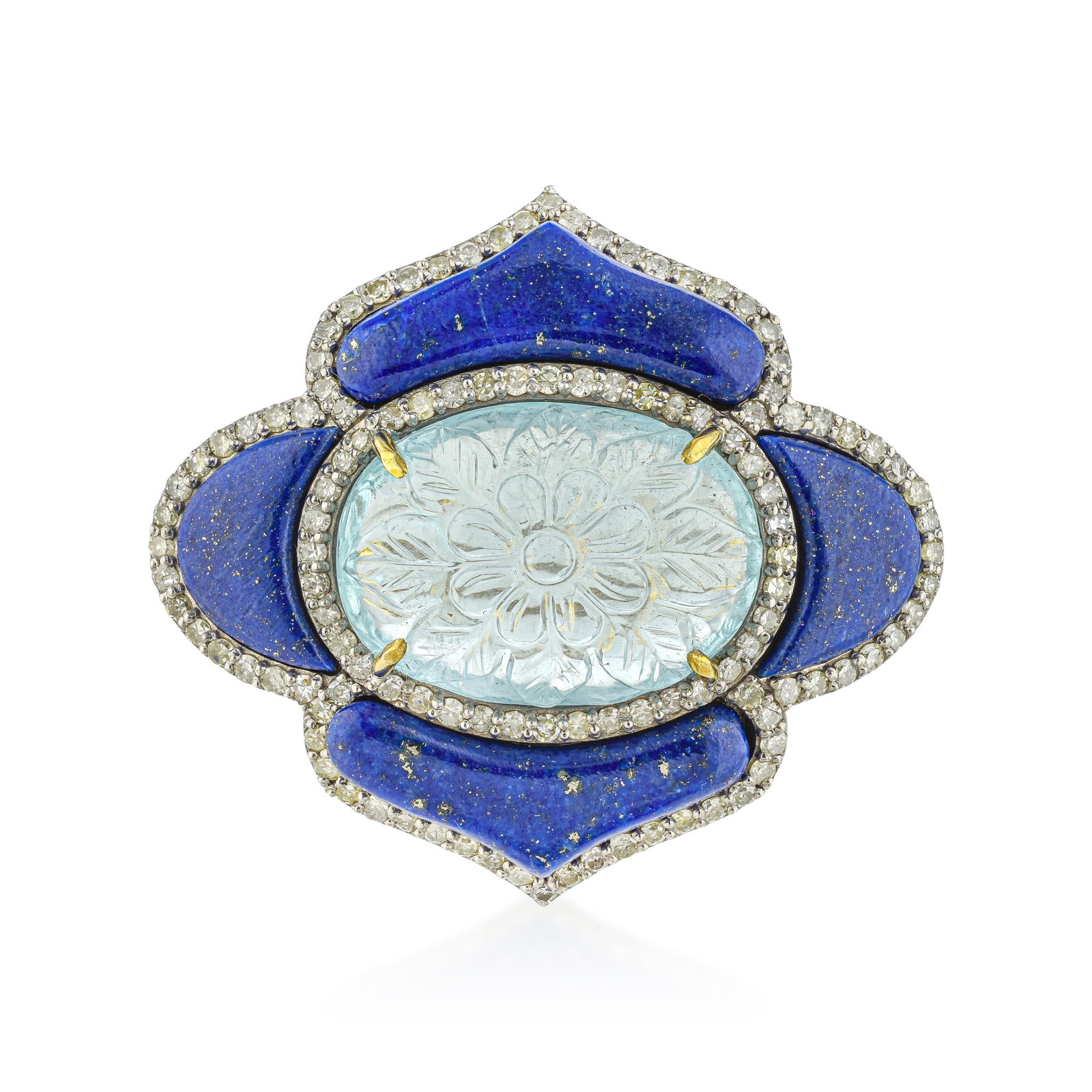 Hand Carved Lapis Lazuli and Aquamarine Cabochon Diamond Ring: ESTIMATED RETAIL PRICE: $3,000 * *This is the estimated value a piece of similar quality, craftsmanship, and characteristics could command at retail. Hand-carved gem materials bring a dimension to