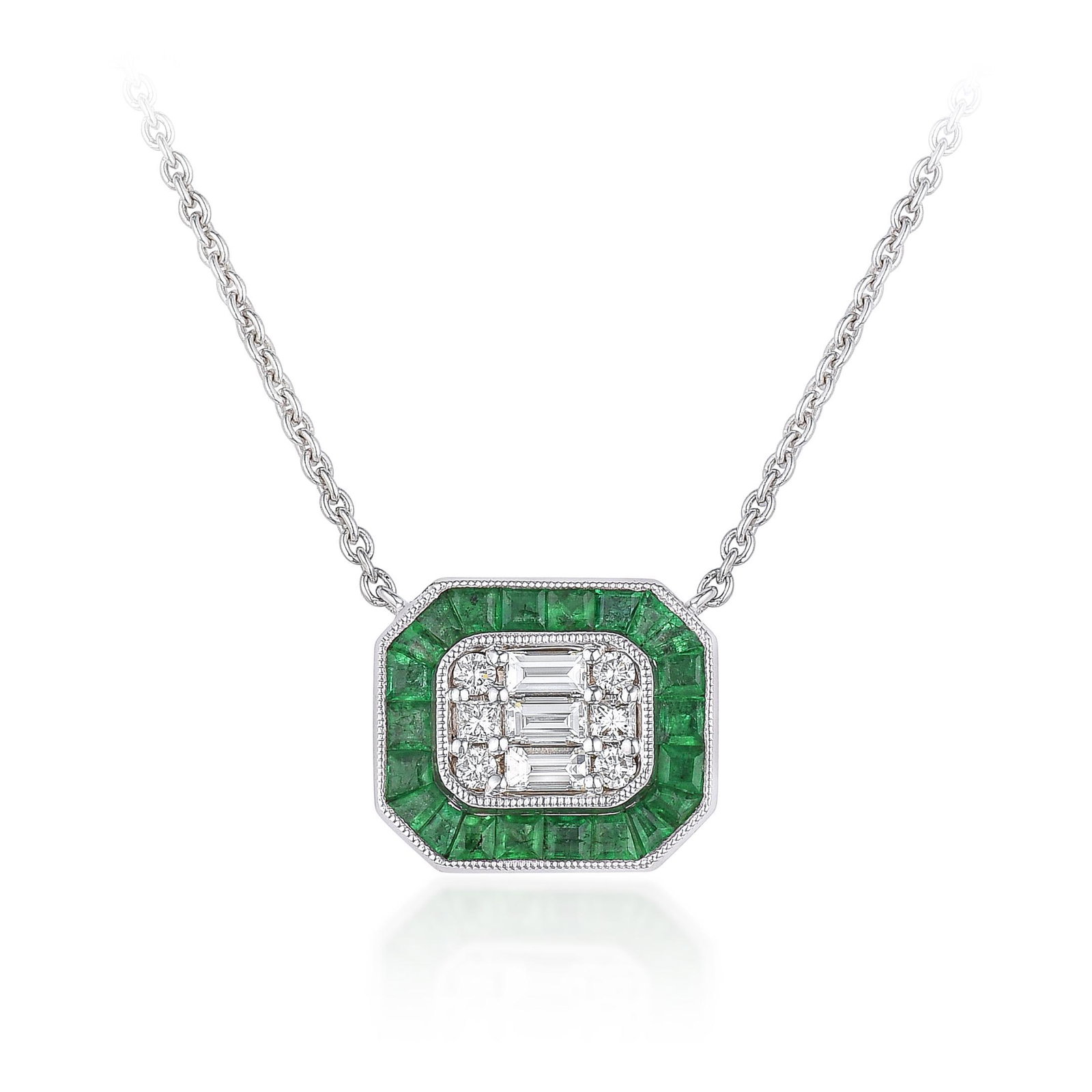 Emerald and Diamond Necklace: ESTIMATED RETAIL PRICE: $5,250* *This is the estimated value a piece of similar quality, craftsmanship, and characteristics could command at retail. Combining green emeralds, white diamonds, and