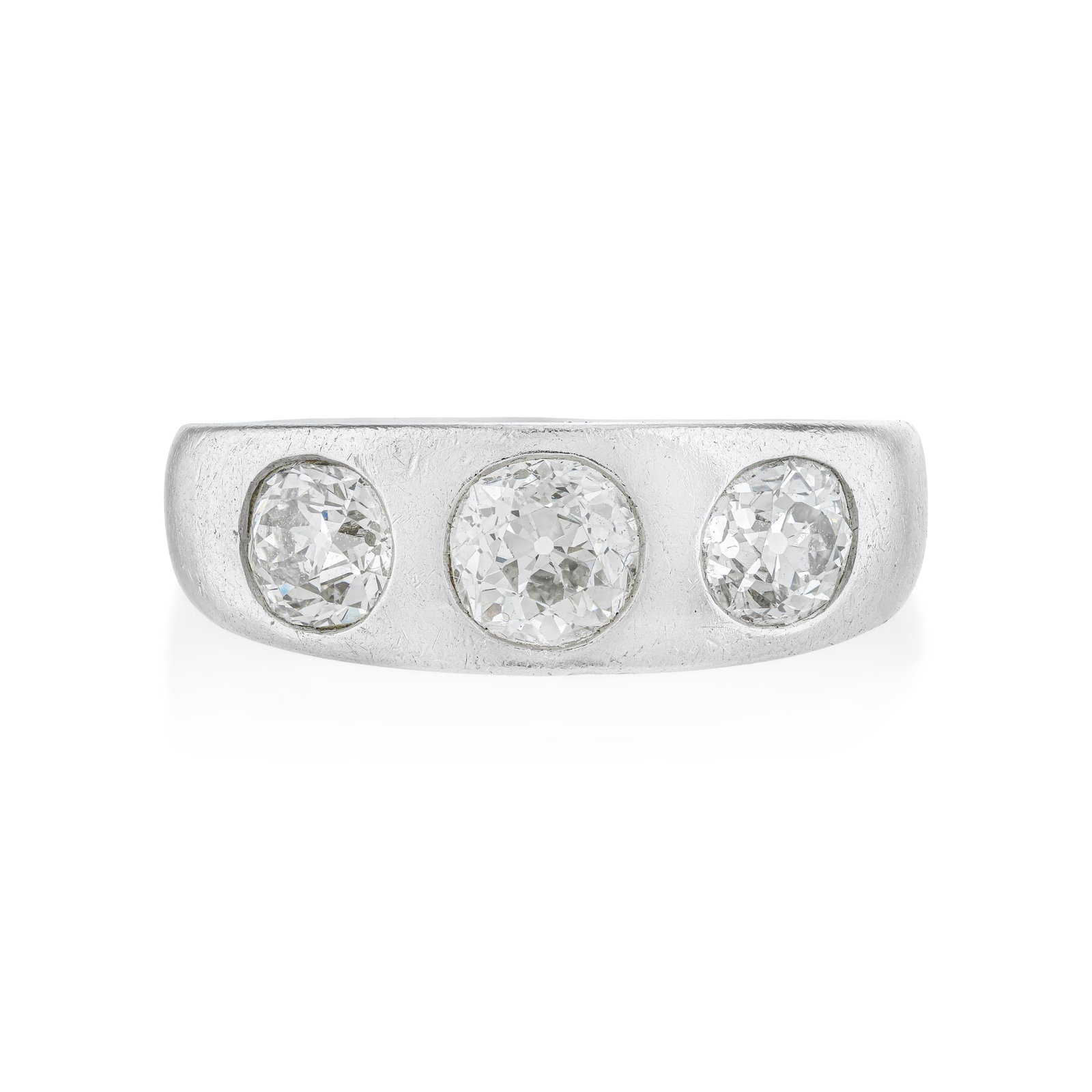 Old European Cut Three-Diamond Ring - No Reserve Lot: ESTIMATED RETAIL PRICE: $3,500 * *This is the estimated value a piece of similar quality, craftsmanship, and characteristics could command at retail. Three old European cut diamonds flush bezel-set