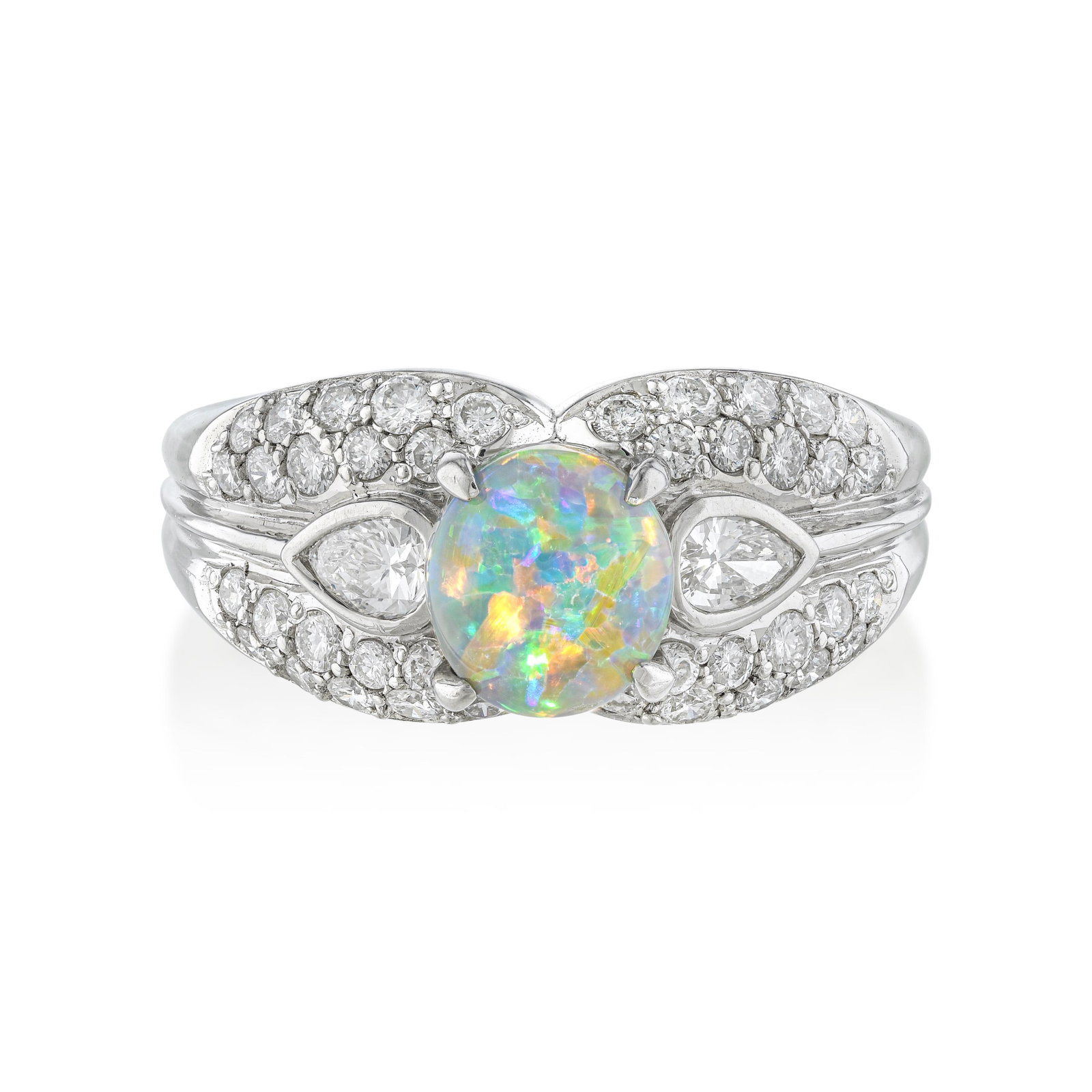 Opal and Diamond Ring: ESTIMATED RETAIL PRICE: $4,000* *This is the estimated value a piece of similar quality, craftsmanship, and characteristics could command at retail. Opal's play-of-color, the spectral flash that moves