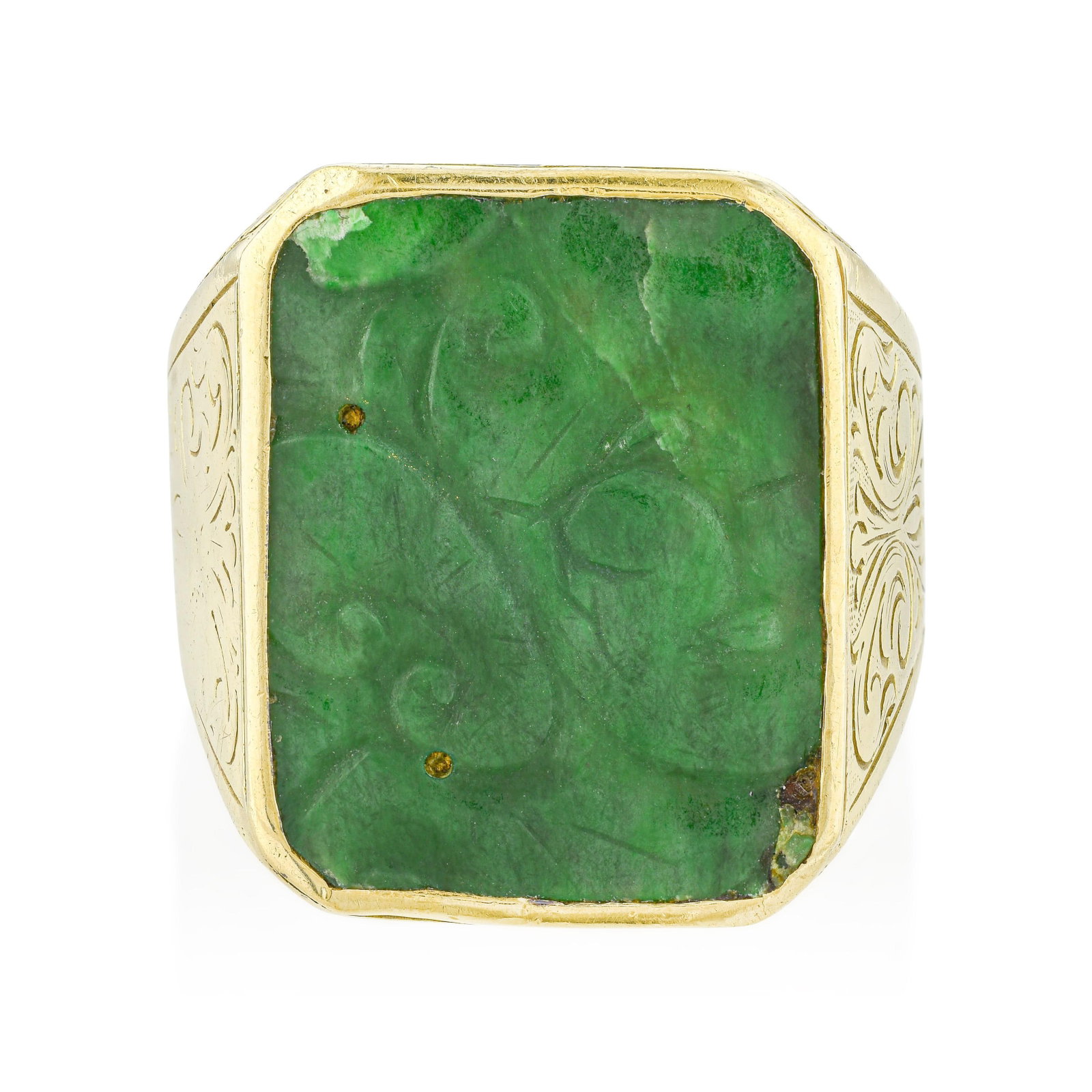 Carved Jadeite Jade Ring: ESTIMATED RETAIL PRICE: $6,500 * *This is the estimated value a piece of similar quality, craftsmanship, and characteristics could command at retail. Carved jadeite jade exists at the intersection of