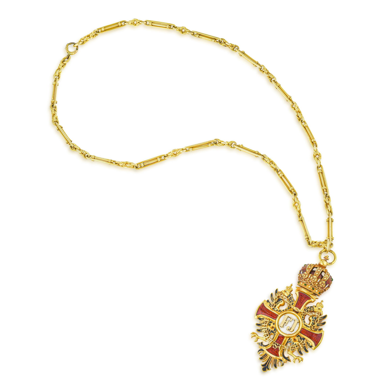 Imperial Austrian Order of Franz Joseph Knight's Cross, Gebrüder Resch, in Original Case with Chain: An Imperial Austrian Order of Franz Joseph Knight's Cross, late 19th century, by the renowned Viennese court jeweler Gebrüder Resch, executed in gold with finely preserved red, white, black, and
