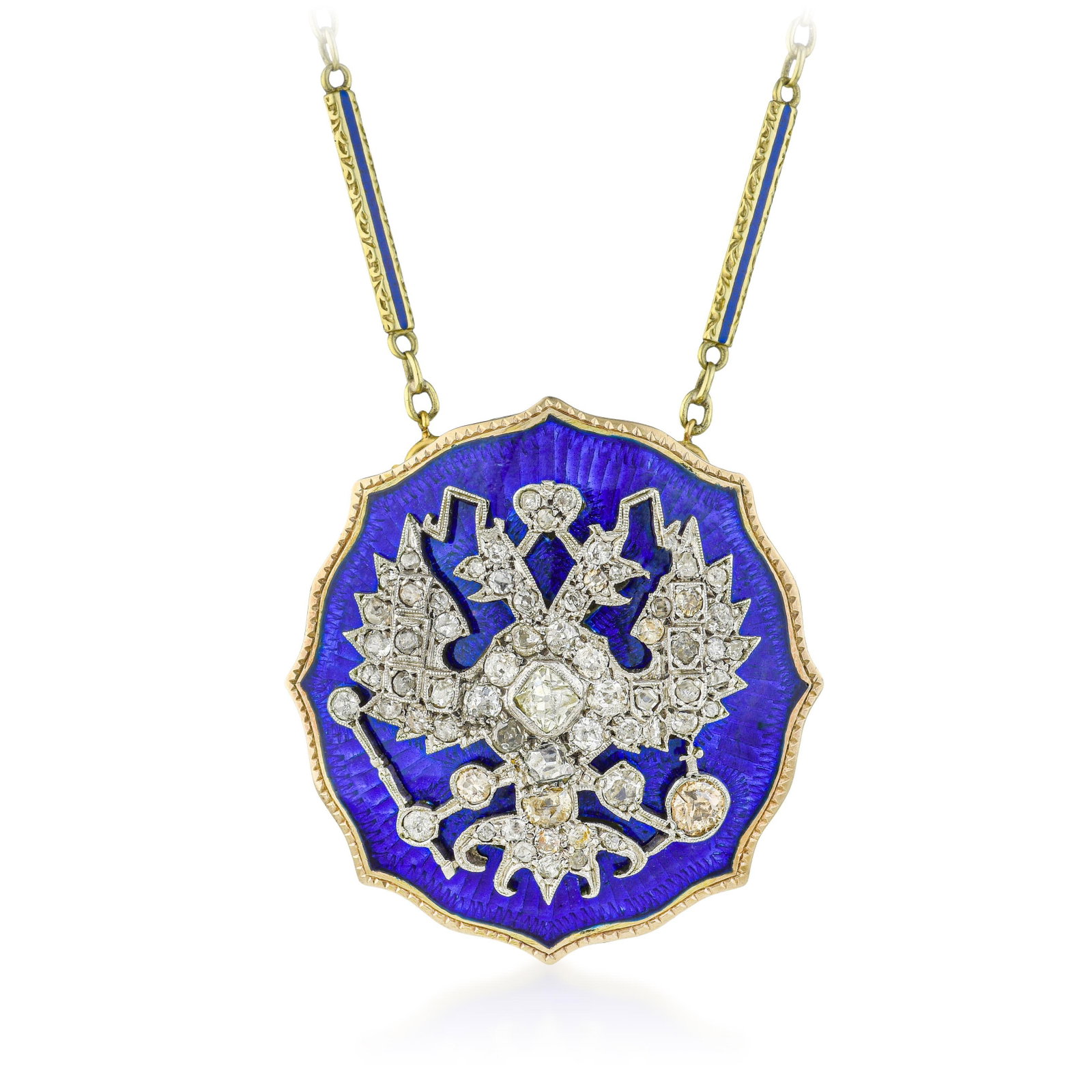 Vintage Blue Enamel and Diamond Pendant Necklace: ESTIMATED RETAIL PRICE: $6,000* *This is the estimated value a piece of similar quality, craftsmanship, and characteristics could command at retail. The dual-function piece: worn as a pendant or