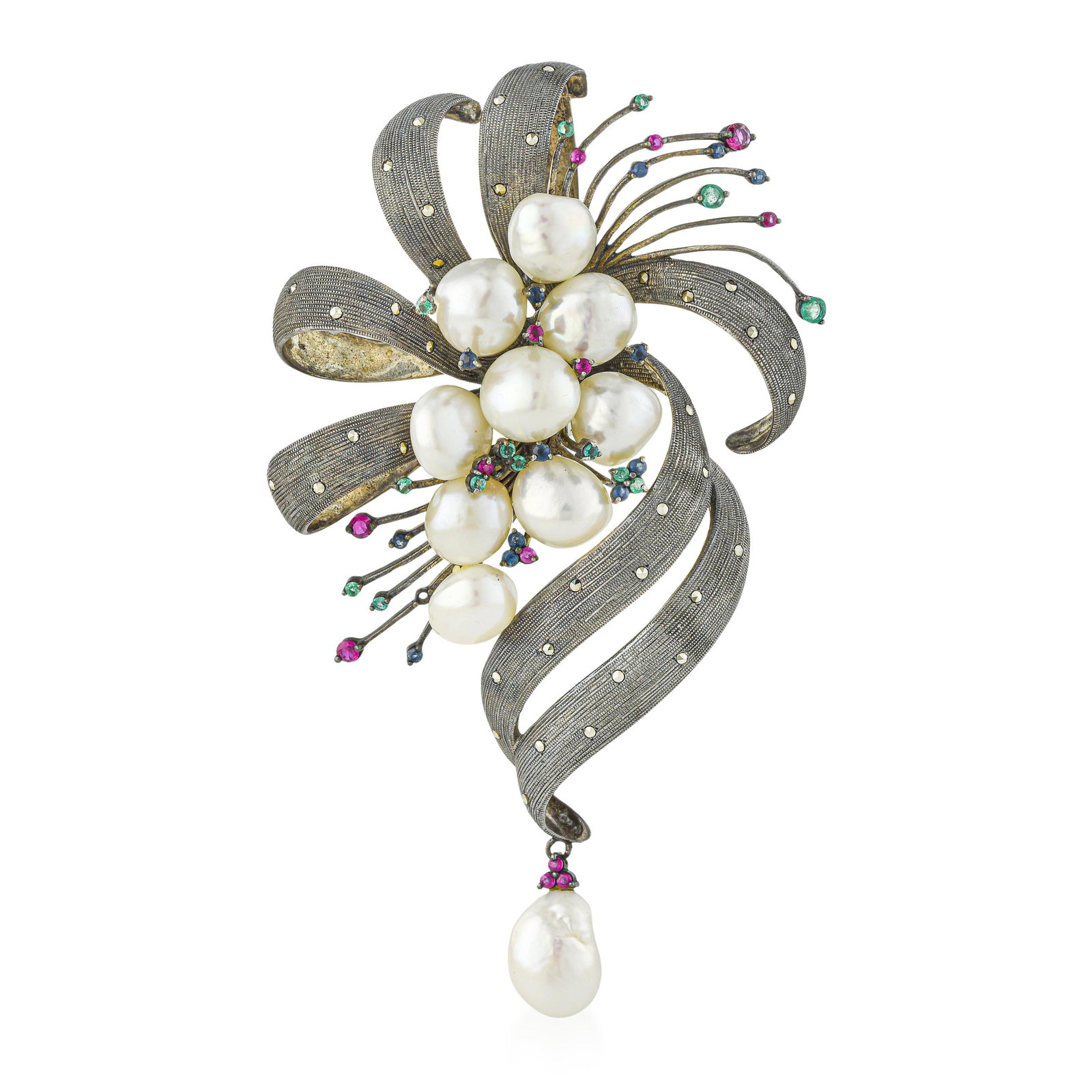 Silver, Pearl, and Multicolor Gemstone Pendant - No Reserve Lot: ESTIMATED RETAIL PRICE: $800 * *This is the estimated value a piece of similar quality, craftsmanship, and characteristics could command at retail. A pendant combining freshwater baroque pearls in the