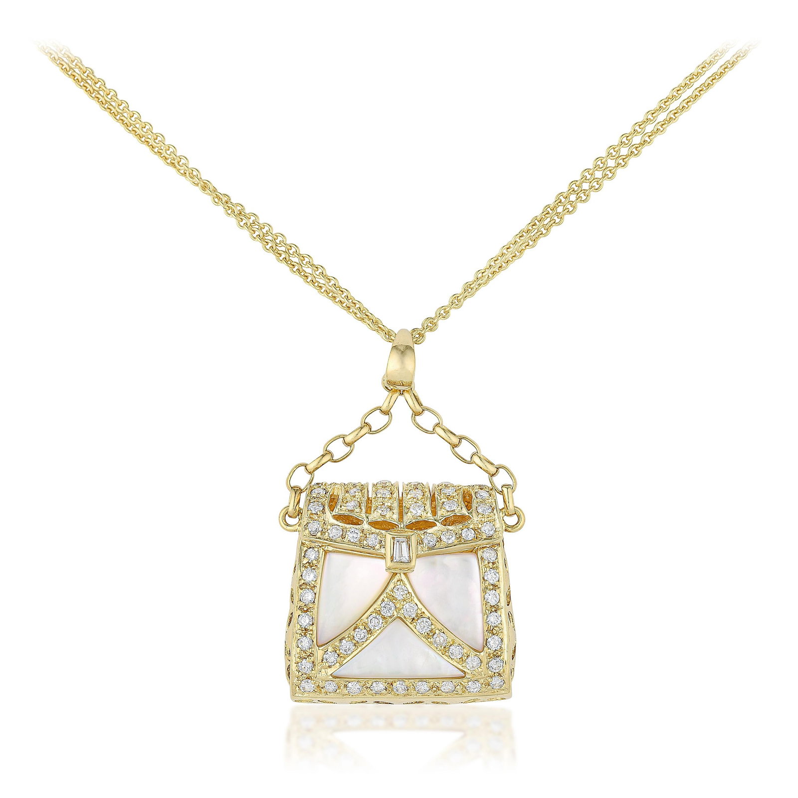 Mother of Pearl and Diamond Purse Pendant Necklace: ESTIMATED RETAIL PRICE: $4,600* *This is the estimated value a piece of similar quality, craftsmanship, and characteristics could command at retail. Summary of Key Characteristics • Metal: 18K go