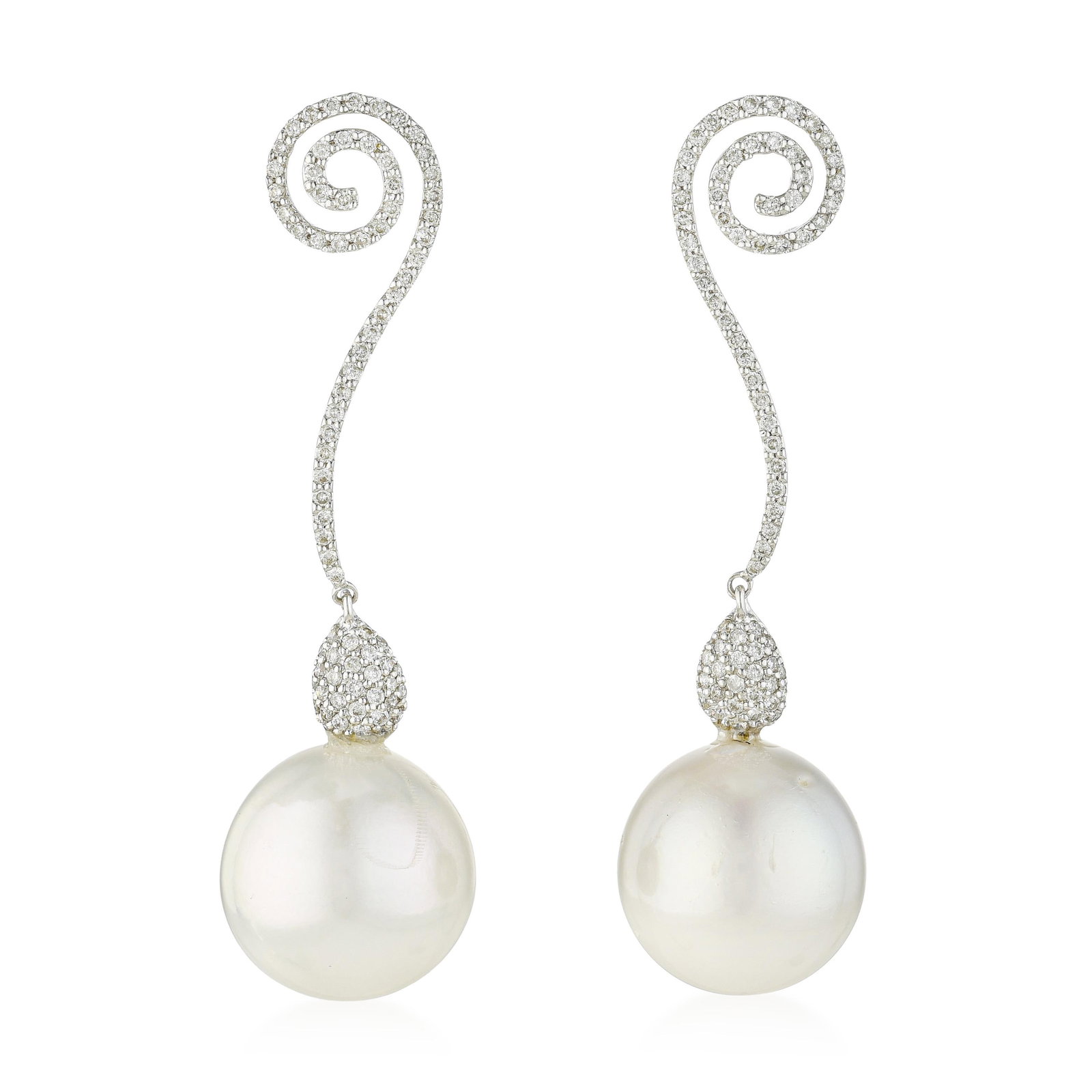 Pearl and Diamond Drop Earrings: ESTIMATED RETAIL PRICE: $5,250* *This is the estimated value a piece of similar quality, craftsmanship, and characteristics could command at retail. Pearls at 14mm are large by the standards of the cu