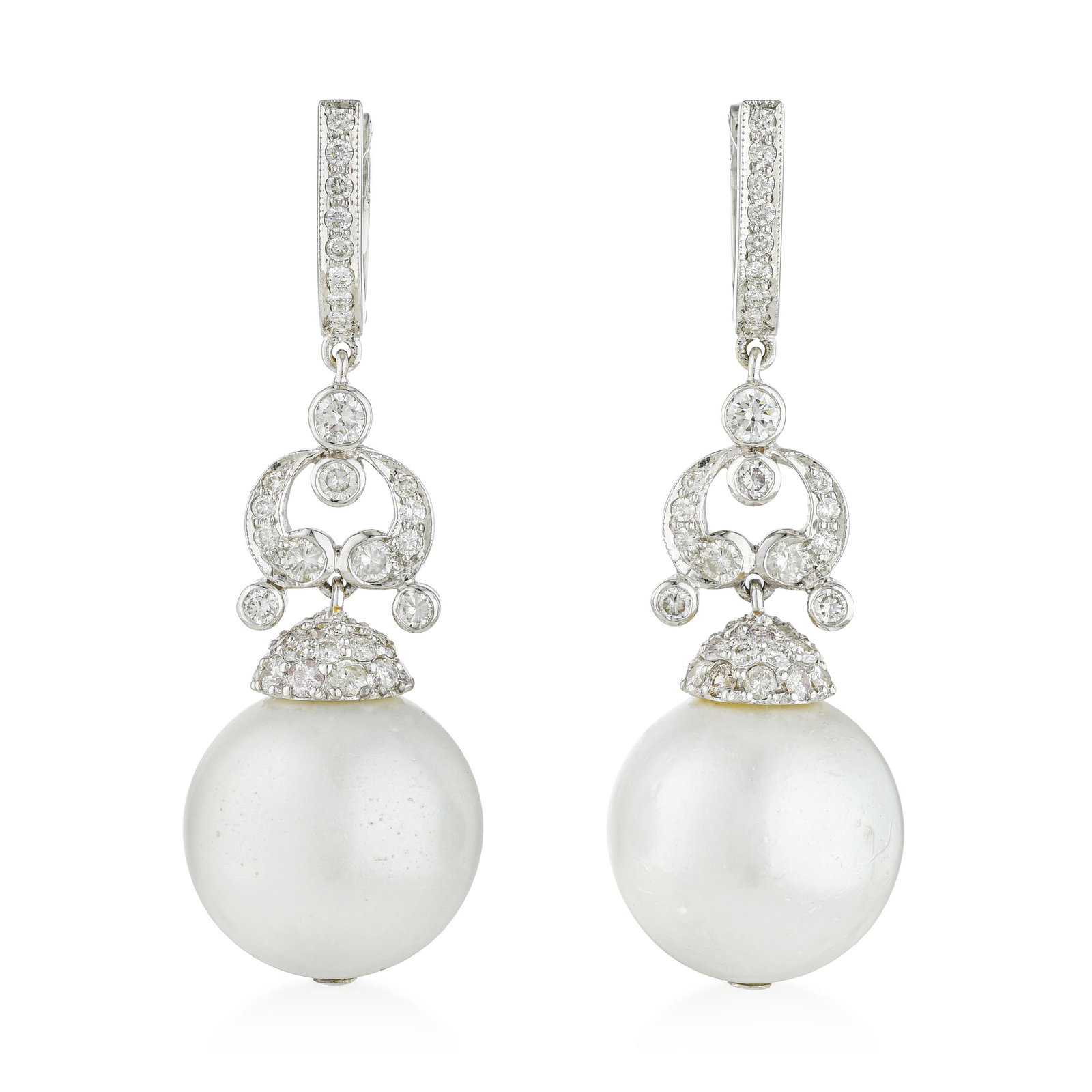 Pearl and Diamond Drop Earrings: ESTIMATED RETAIL PRICE: $12,000 * *This is the estimated value a piece of similar quality, craftsmanship, and characteristics could command at retail. Pearls at 16 to 17 millimeters in diameter are at