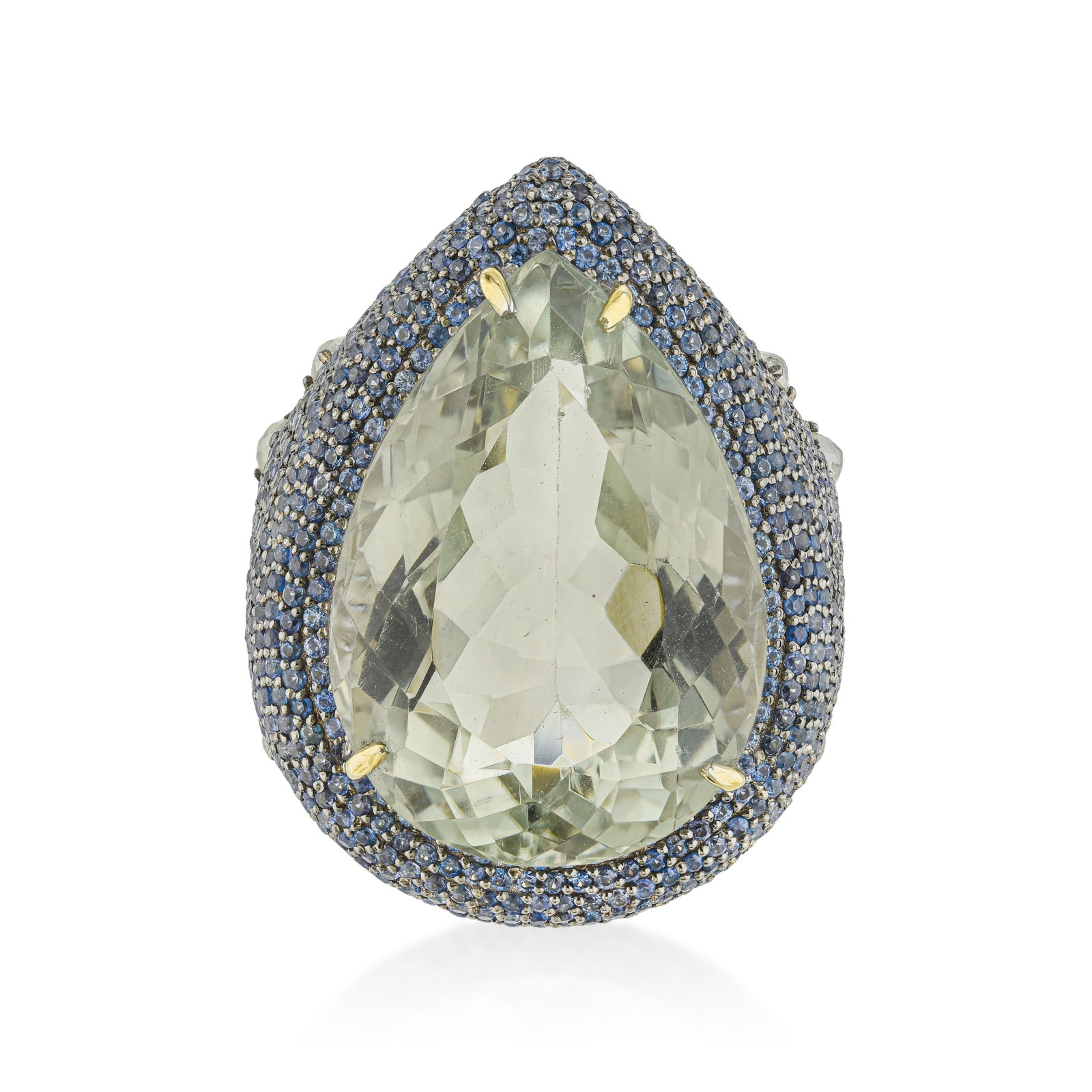 Green Prasiolite Blue Sapphire and Diamond Ring: ESTIMATED RETAIL PRICE: $1,600 * *This is the estimated value a piece of similar quality, craftsmanship, and characteristics could command at retail. Prasiolite, or green amethyst, is quartz whose