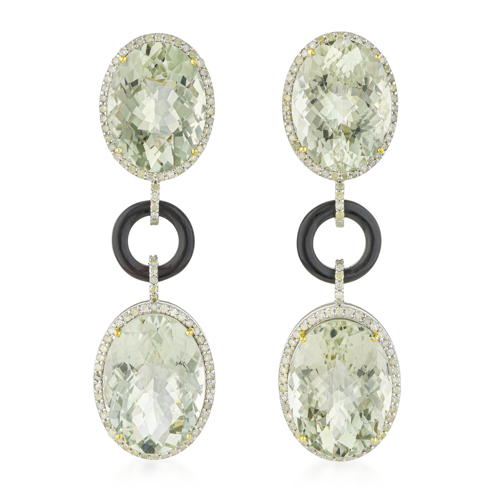 Green Prasiolite and Black Onyx Diamond Earrings: ESTIMATED RETAIL PRICE: $2,200 * *This is the estimated value a piece of similar quality, craftsmanship, and characteristics could command at retail. Seventy-two carats of prasiolite across a pair of 
