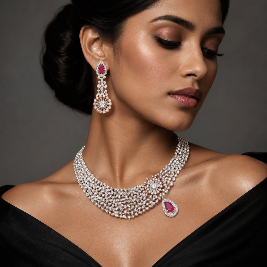 Diamond and Ruby Suite: ESTIMATED RETAIL PRICE: $* *This is the estimated value a piece of similar quality, craftsmanship, and characteristics could command at retail. Diamond and ruby suites combining earrings and necklace