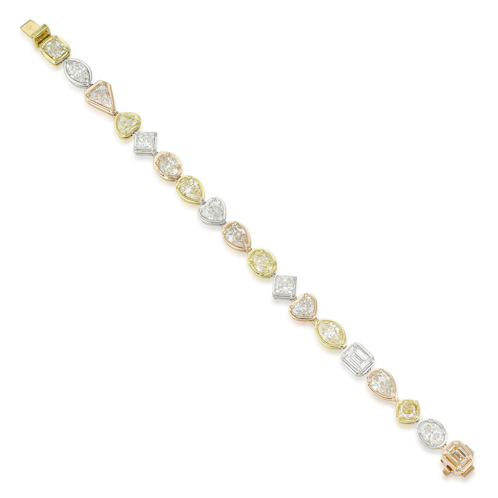 Multicolor Fancy Diamond Bracelet: ESTIMATED RETAIL PRICE: $65,000 * *This is the estimated value a piece of similar quality, craftsmanship, and characteristics could command at retail. The deliberate organization of 18 diamonds into t
