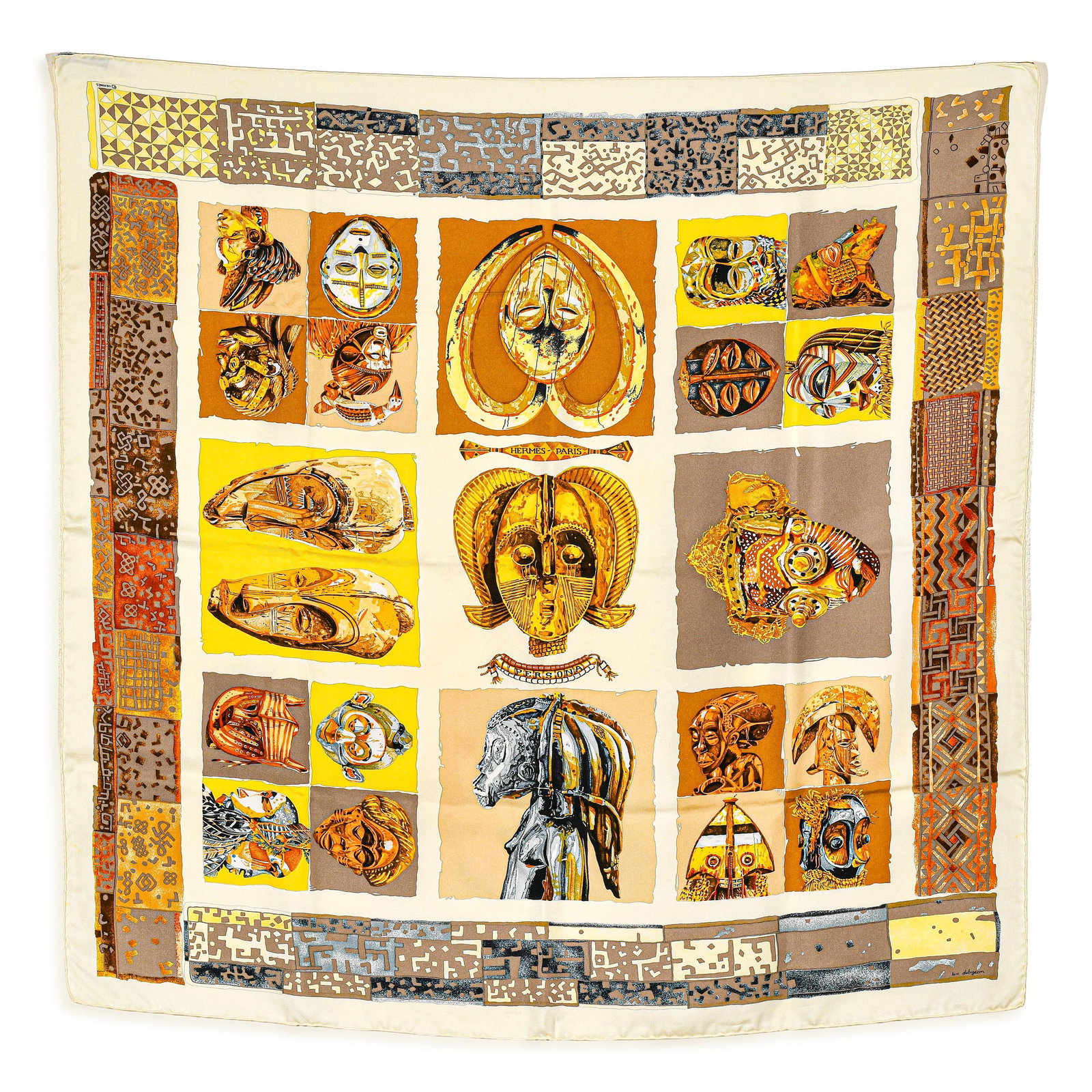 Hermes Masques et Bergers Carre 90 Scarf - Silk Twill, Creme/Jaune Multicolor, with Box: ESTIMATED RETAIL PRICE: $590* *This is the estimated value a piece of similar quality, craftsmanship, and characteristics could command at retail. Designed by Laurence Bourthoumieux, the Hermes "Masqu