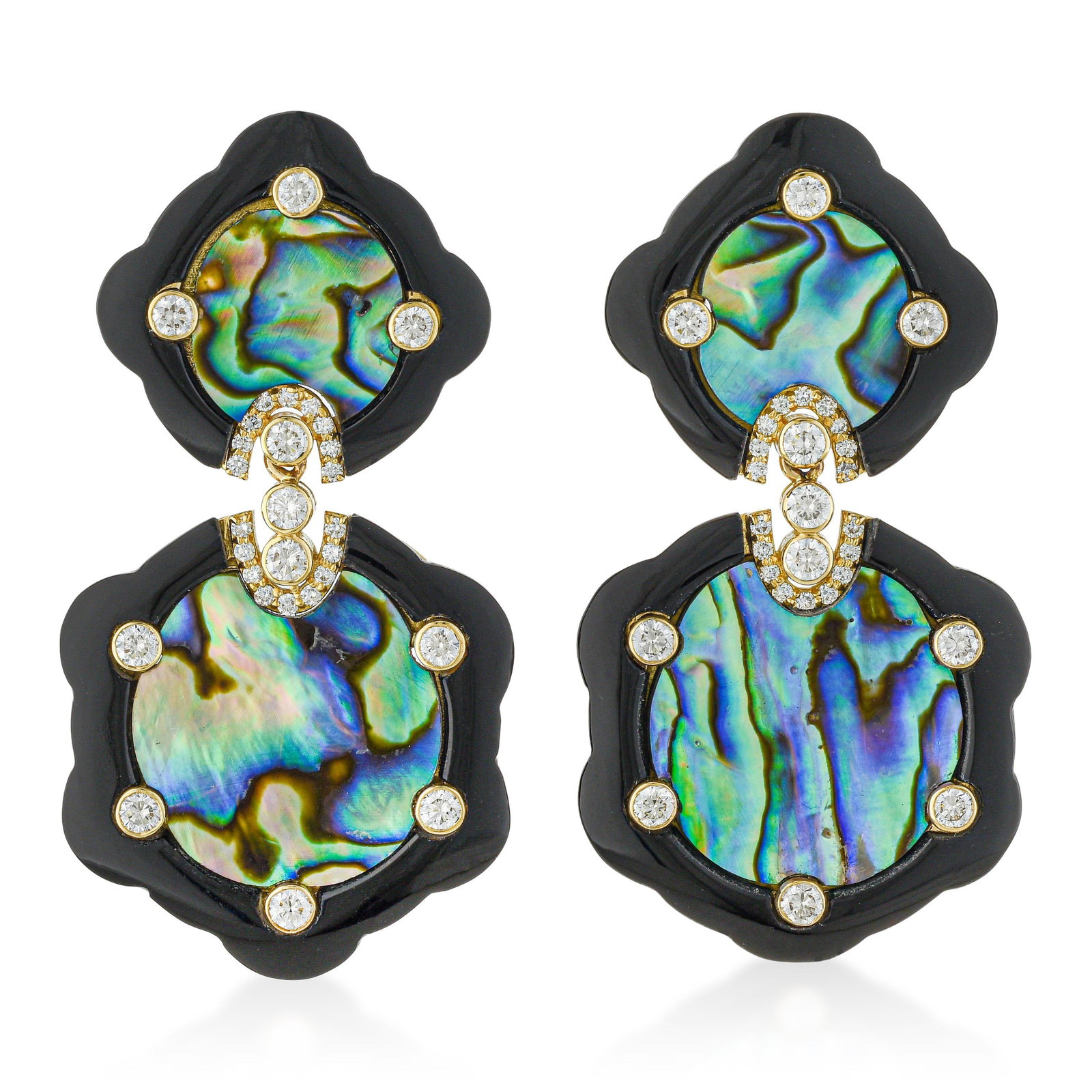 Abalone Shell Black Onyx and Diamond Earrings: ESTIMATED RETAIL PRICE: $8,000* *This is the estimated value a piece of similar quality, craftsmanship, and characteristics could command at retail. Abalone shell is one of the most optically active