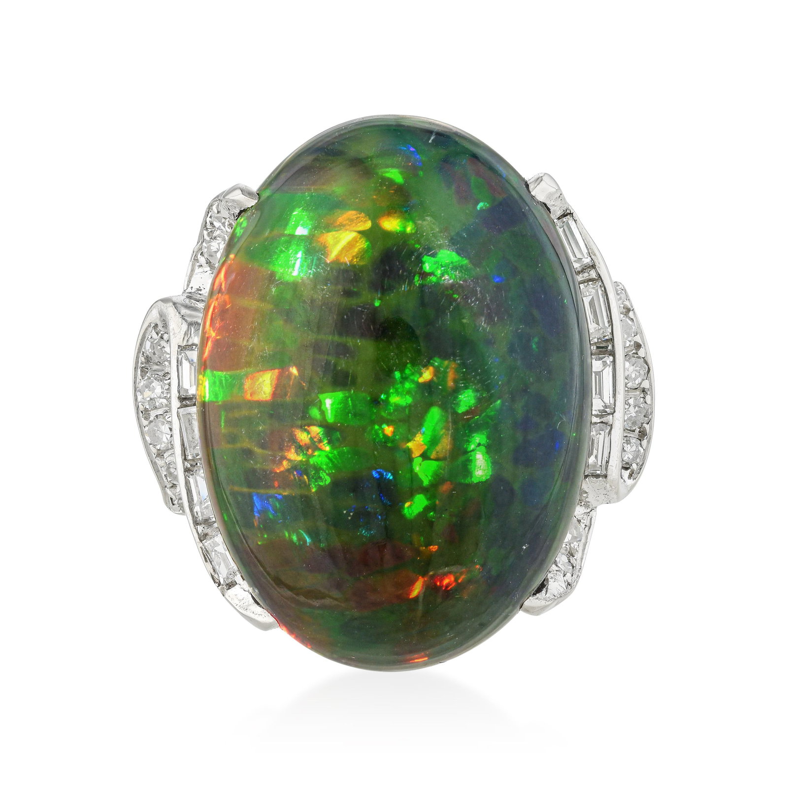 Black Opal and Diamond Ring: ESTIMATED RETAIL PRICE: $9,000* *This is the estimated value a piece of similar quality, craftsmanship, and characteristics could command at retail. A 22-carat black opal is not merely large —