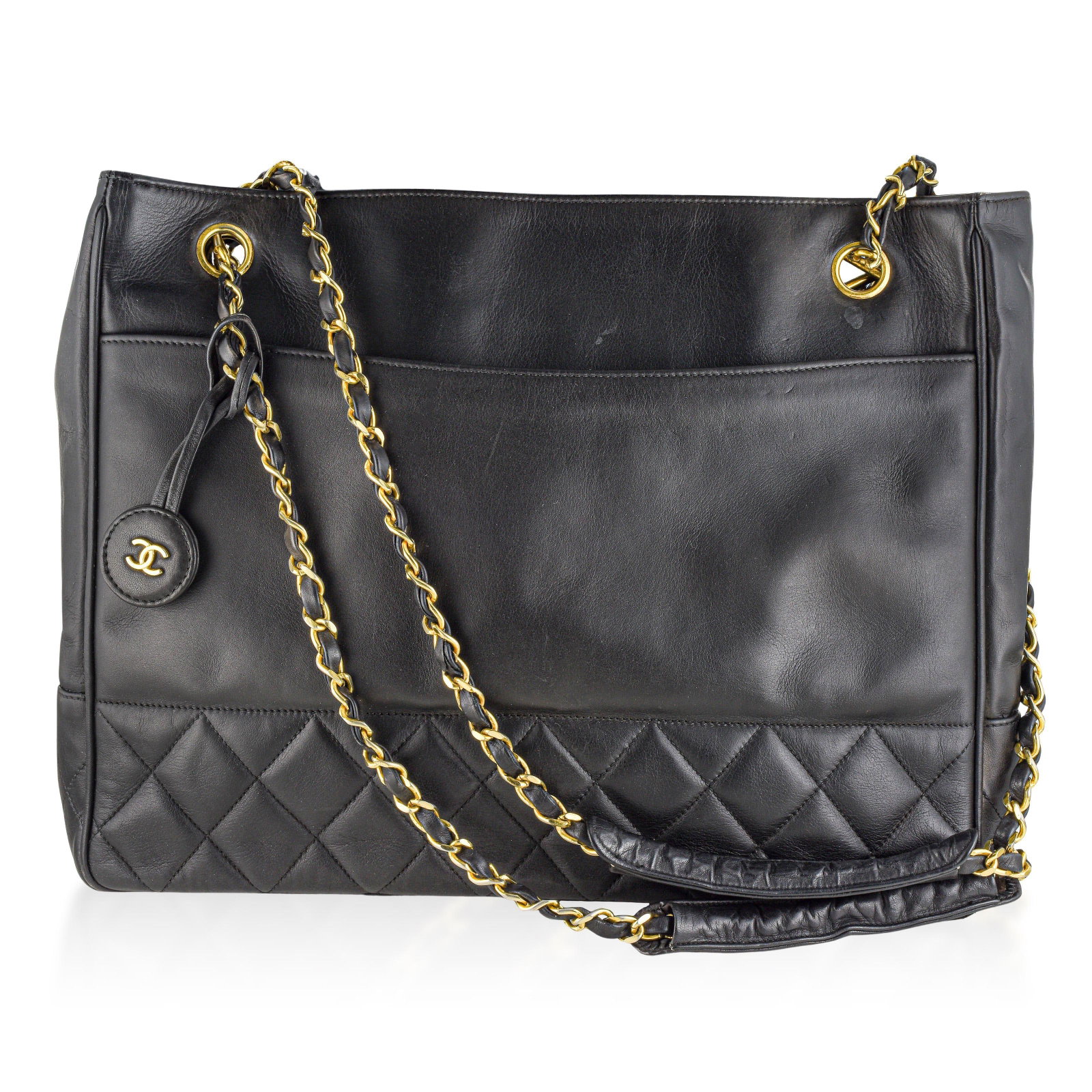 Chanel Matelasse Chain Shoulder Tote Bag – Lambskin, Black: ESTIMATED RETAIL PRICE: $3,500* *This is the estimated value a piece of similar quality, craftsmanship, and characteristics could command at retail. This Chanel Matelasse Chain Shoulder Tote