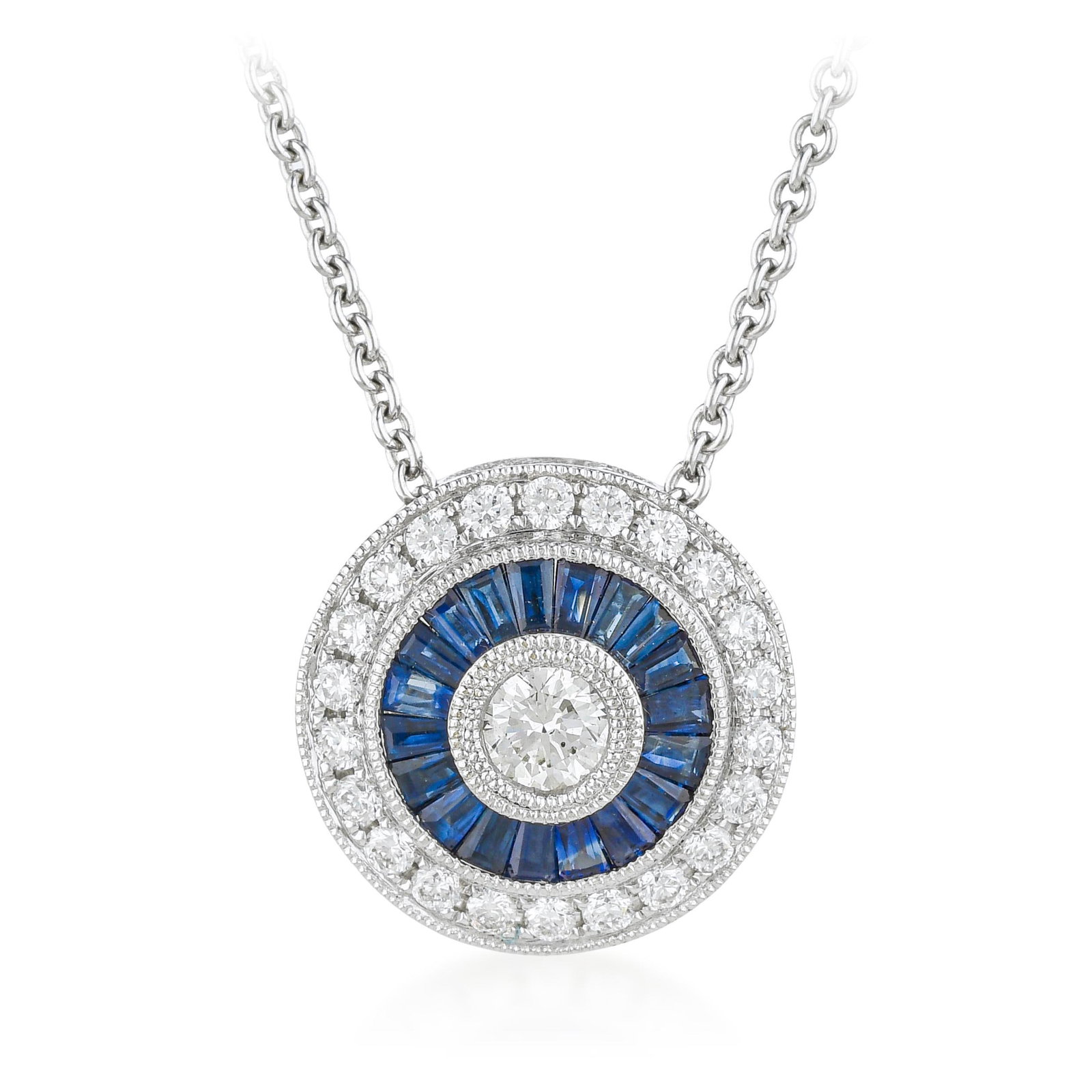 Diamond and Sapphire Pendant Necklace: ESTIMATED RETAIL PRICE: $3,200 * *This is the estimated value a piece of similar quality, craftsmanship, and characteristics could command at retail. Circular pendants mixing diamonds and sapphires de