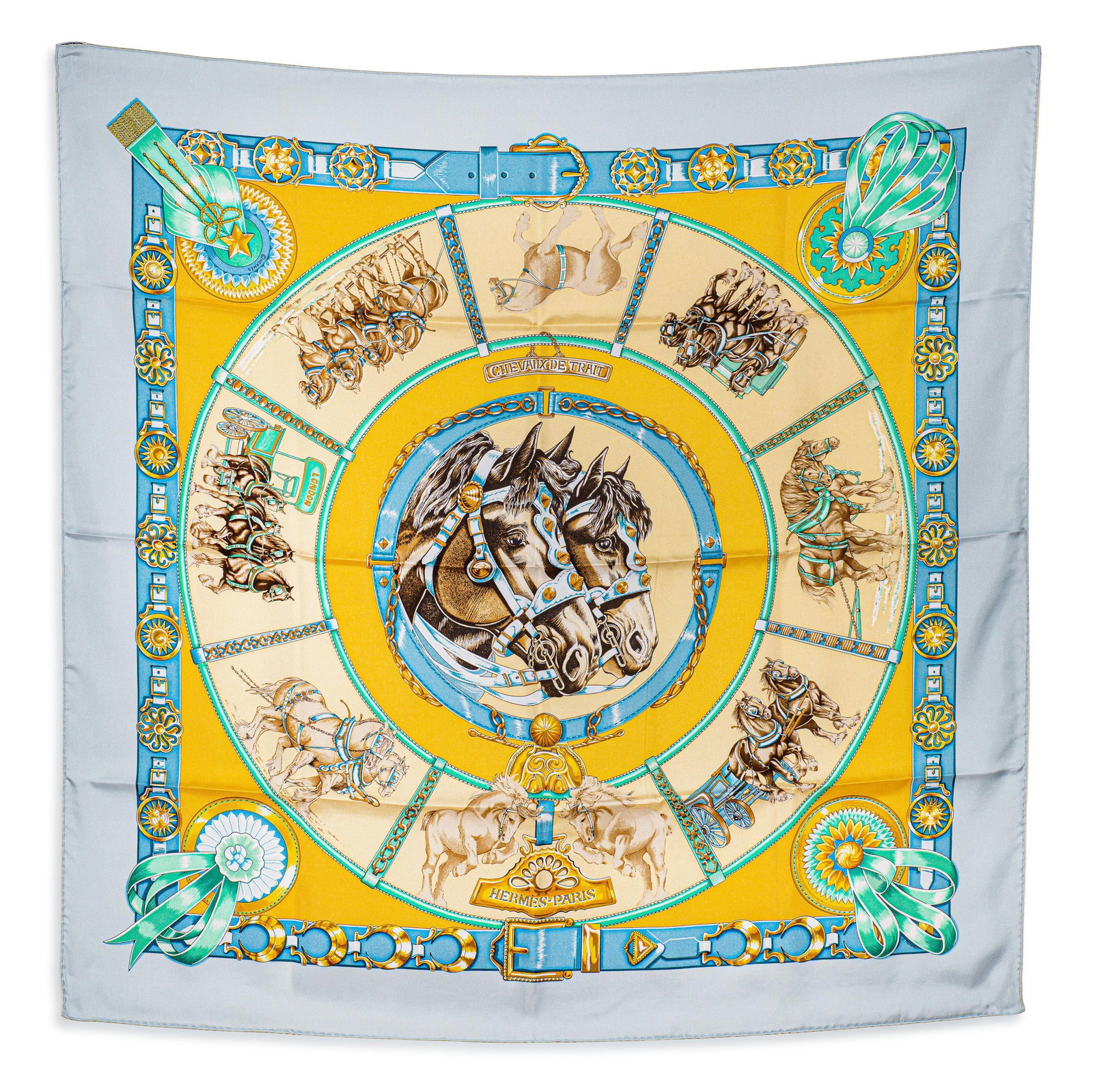 Hermes Chevaux de Trait Carre 90 Scarf – Silk Twill, Light Blue Multicolor, with Box: ESTIMATED RETAIL PRICE: $660* *This is the estimated value a piece of similar quality, craftsmanship, and characteristics could command at retail. The Hermes Chevaux de Trait Carre 90 scarf is a