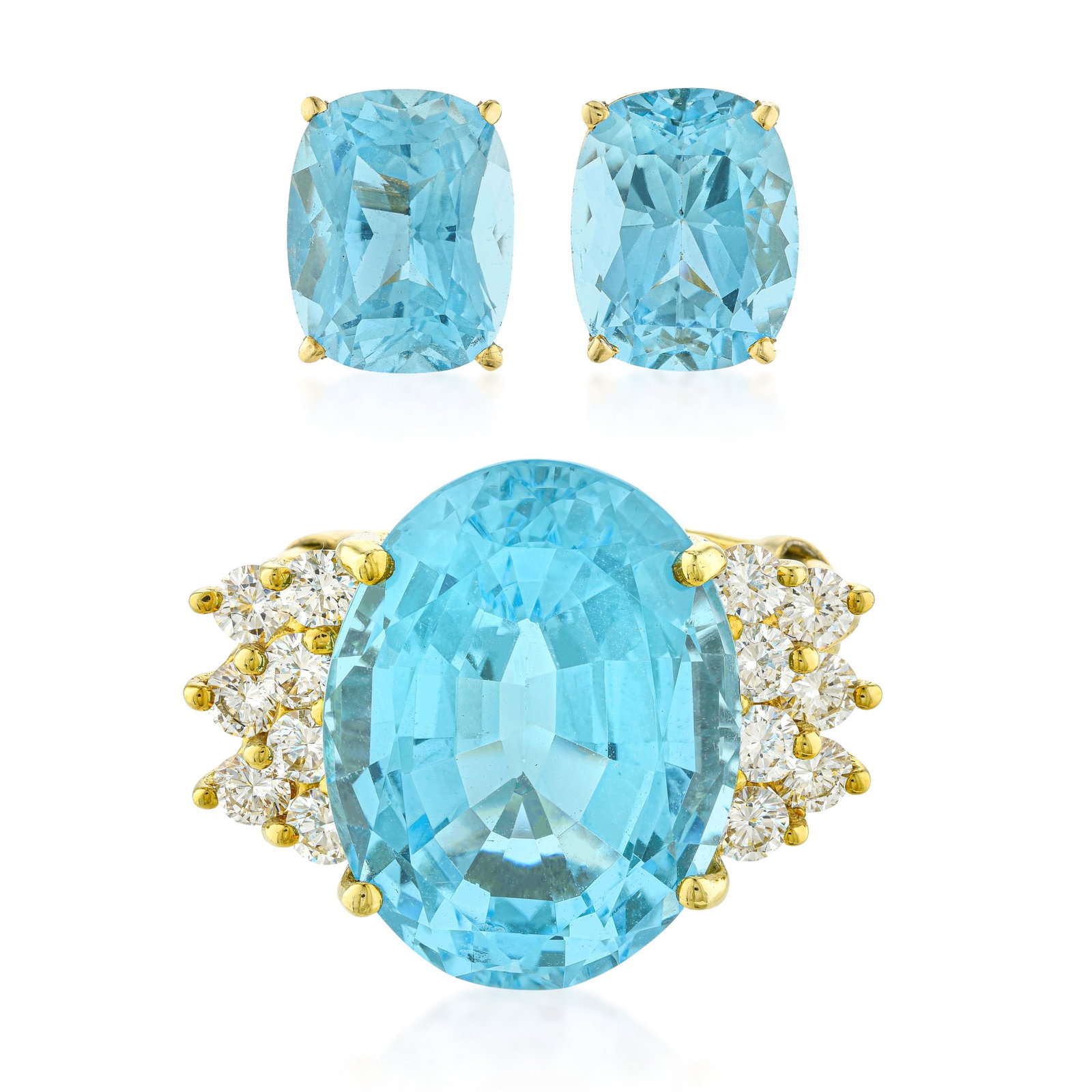 Blue Topaz and Diamond Ring and Topaz Earrings: ESTIMATED RETAIL PRICE: $4,500* *This is the estimated value a piece of similar quality, craftsmanship, and characteristics could command at retail. Acquiring a matched ring and earring suite in a