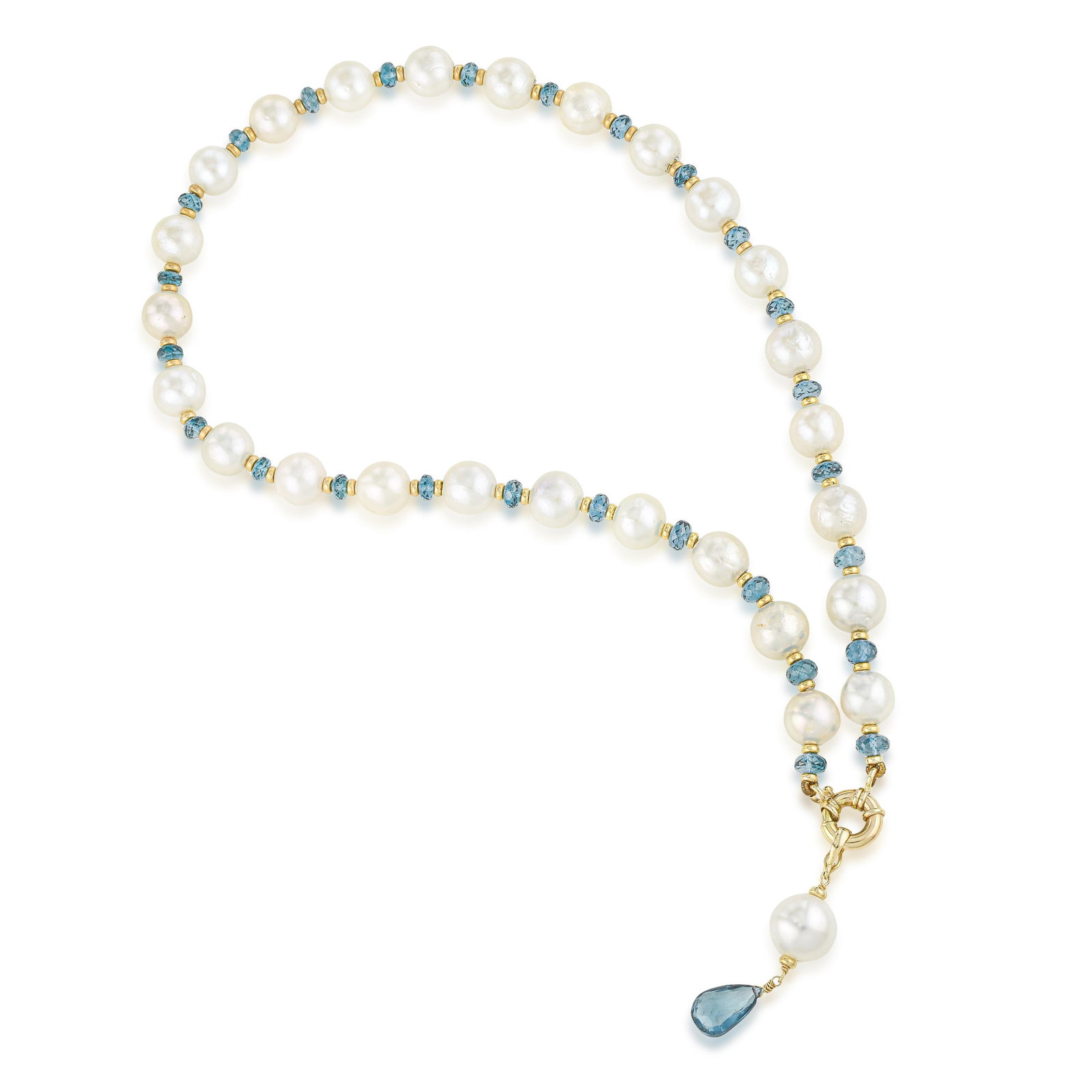 Pearl and London Blue Topaz Necklace with Removable Teardrop Tassel: ESTIMATED RETAIL PRICE: $2,000* *This is the estimated value a piece of similar quality, craftsmanship, and characteristics could command at retail. London blue topaz — a deep, inky blue