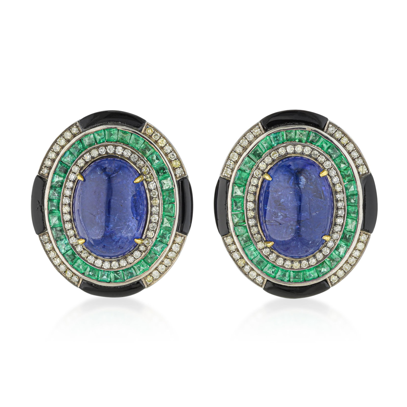 Tanzanite Emerald Black Onyx and Diamond Earrings: ESTIMATED RETAIL PRICE: $10,000* *This is the estimated value a piece of similar quality, craftsmanship, and characteristics could command at retail. Tanzanite's blue-violet pleochroism, found