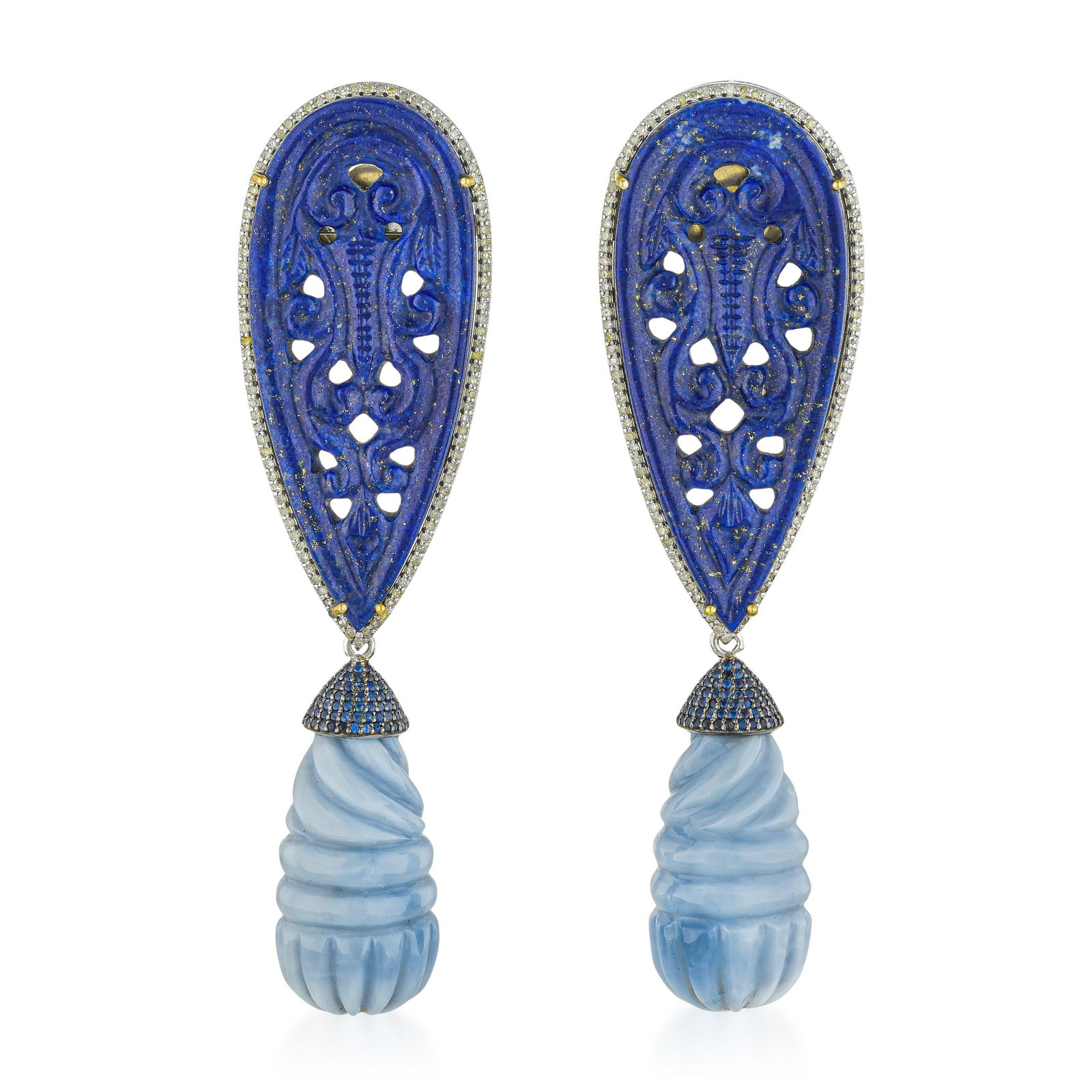 Hand Carved Lapis Lazuli and Peruvian Opal Sapphire and Diamond Earrings: ESTIMATED RETAIL PRICE: $2,500* *This is the estimated value a piece of similar quality, craftsmanship, and characteristics could command at retail. Hand-carved gemstone jewelry occupies a category