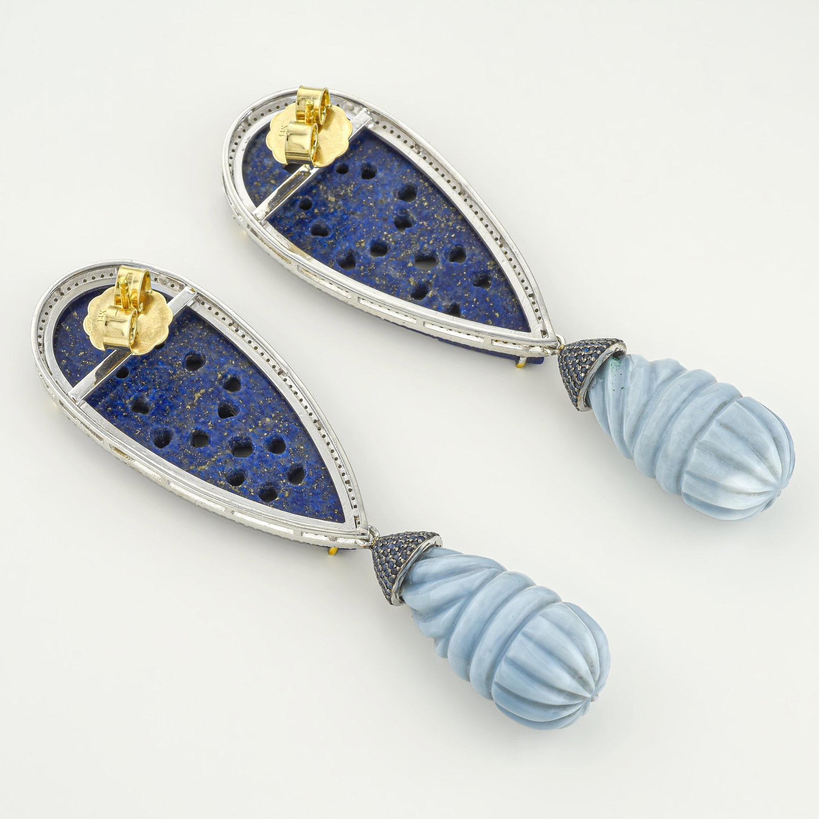 Hand Carved Lapis Lazuli and Peruvian Opal Sapphire and Diamond Earrings - 2