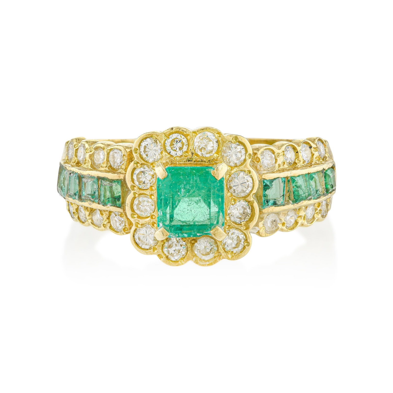 Emerald and Diamond Ring: ESTIMATED RETAIL PRICE: $2,000* *This is the estimated value a piece of similar quality, craftsmanship, and characteristics could command at retail. A lush, forest-green emerald center in 18K yellow