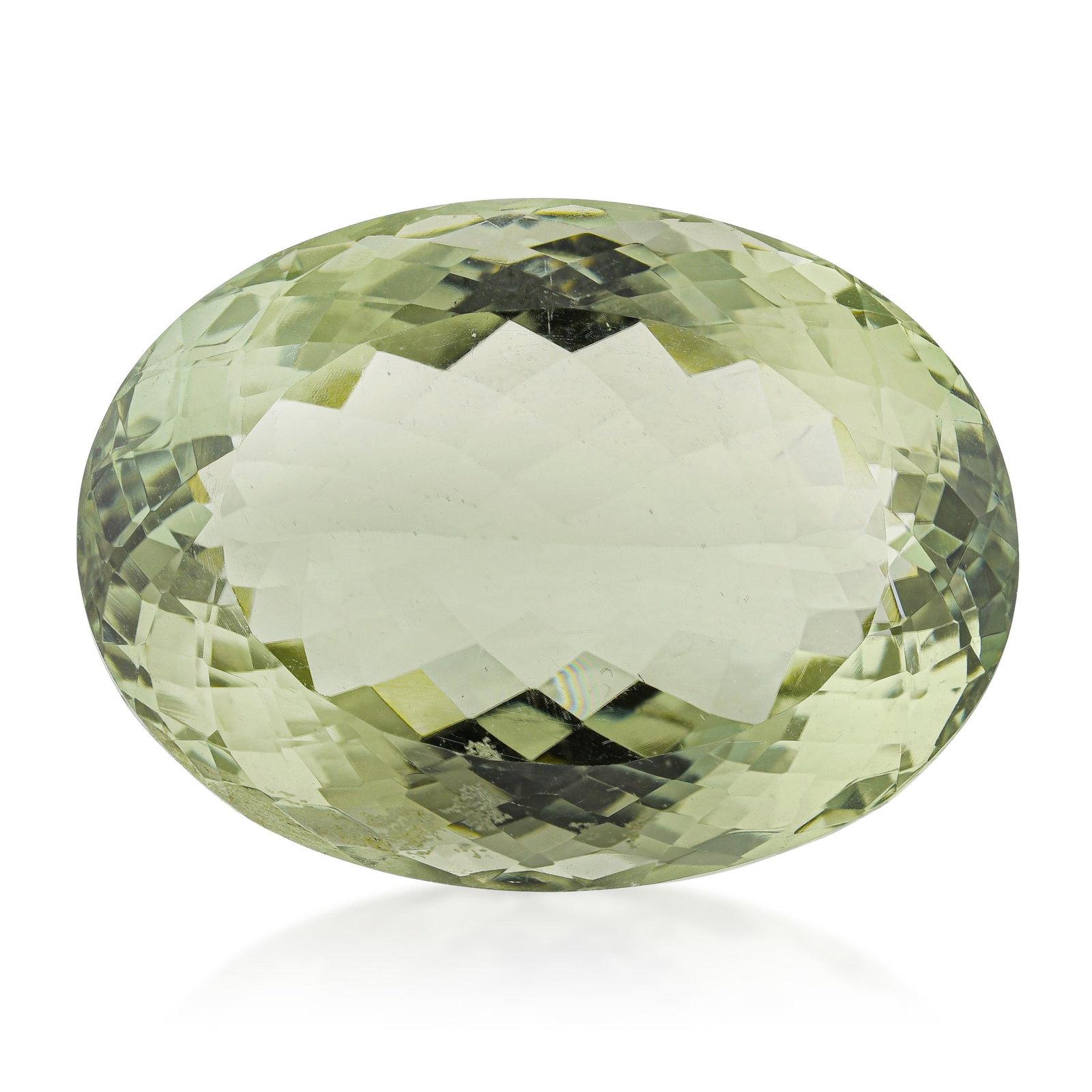 34.70-Carat Oval Fancy Cut Green Prasiolite Loose Gemstone - No Reserve: ESTIMATED RETAIL PRICE: $350* *This is the estimated value a piece of similar quality, craftsmanship, and characteristics could command at retail. This oval-cut prasiolite presents the material's