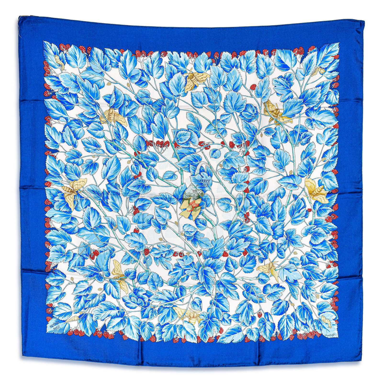 Hermes L'Arbre de Soie Carre 90 Scarf - Silk Twill, Bleu Roi/Blanc Multicolor, with Box - No Reserve: ESTIMATED RETAIL PRICE: $590* *This is the estimated value a piece of similar quality, craftsmanship, and characteristics could command at retail. Created by celebrated Hermes artist Annie Faivre,
